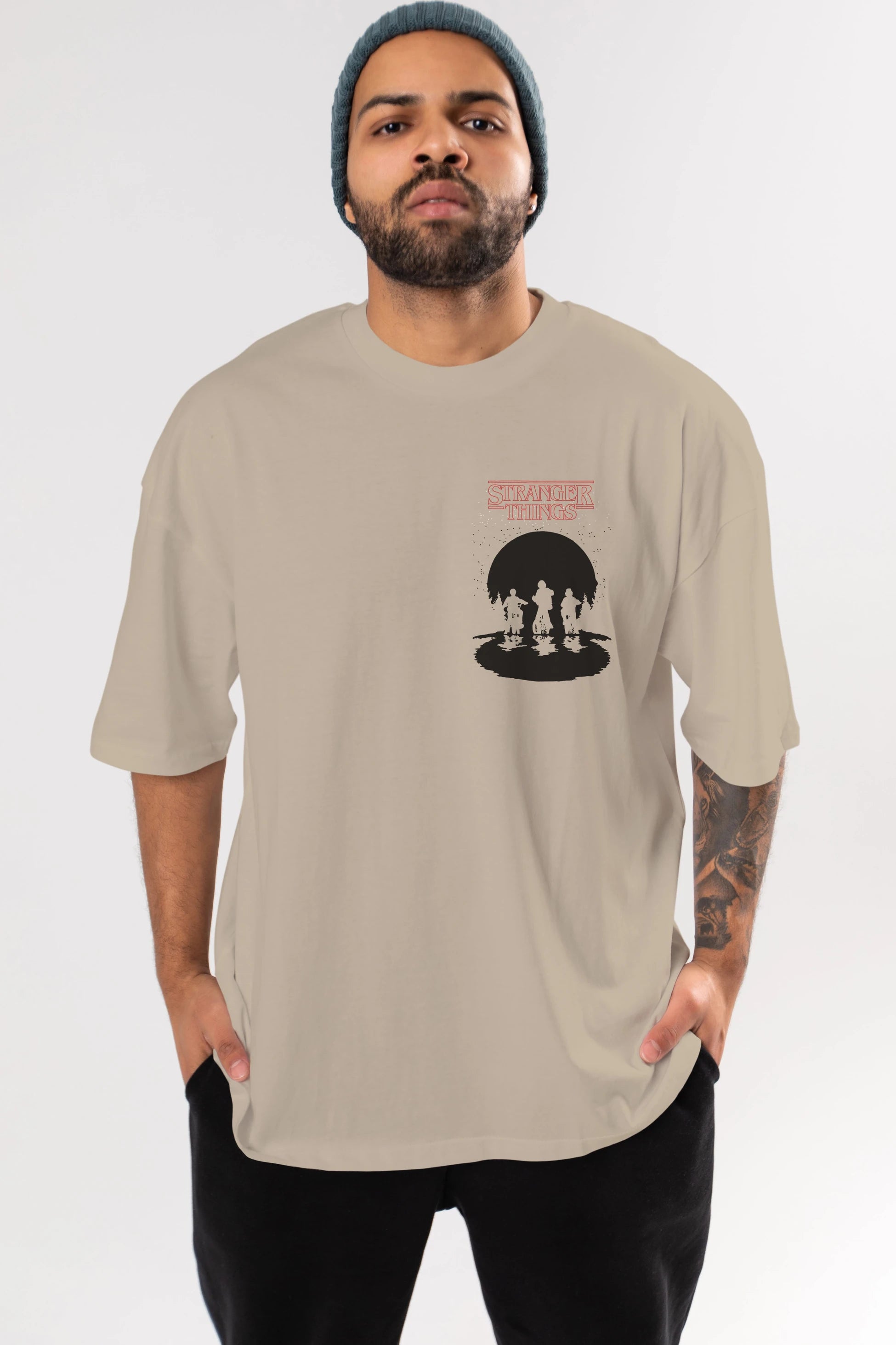 Stranger Things Ön Sol Baskılı Oversize t-shirt Erkek Kadın Unisex %100 Pamuk Bisiklet Yaka tişort