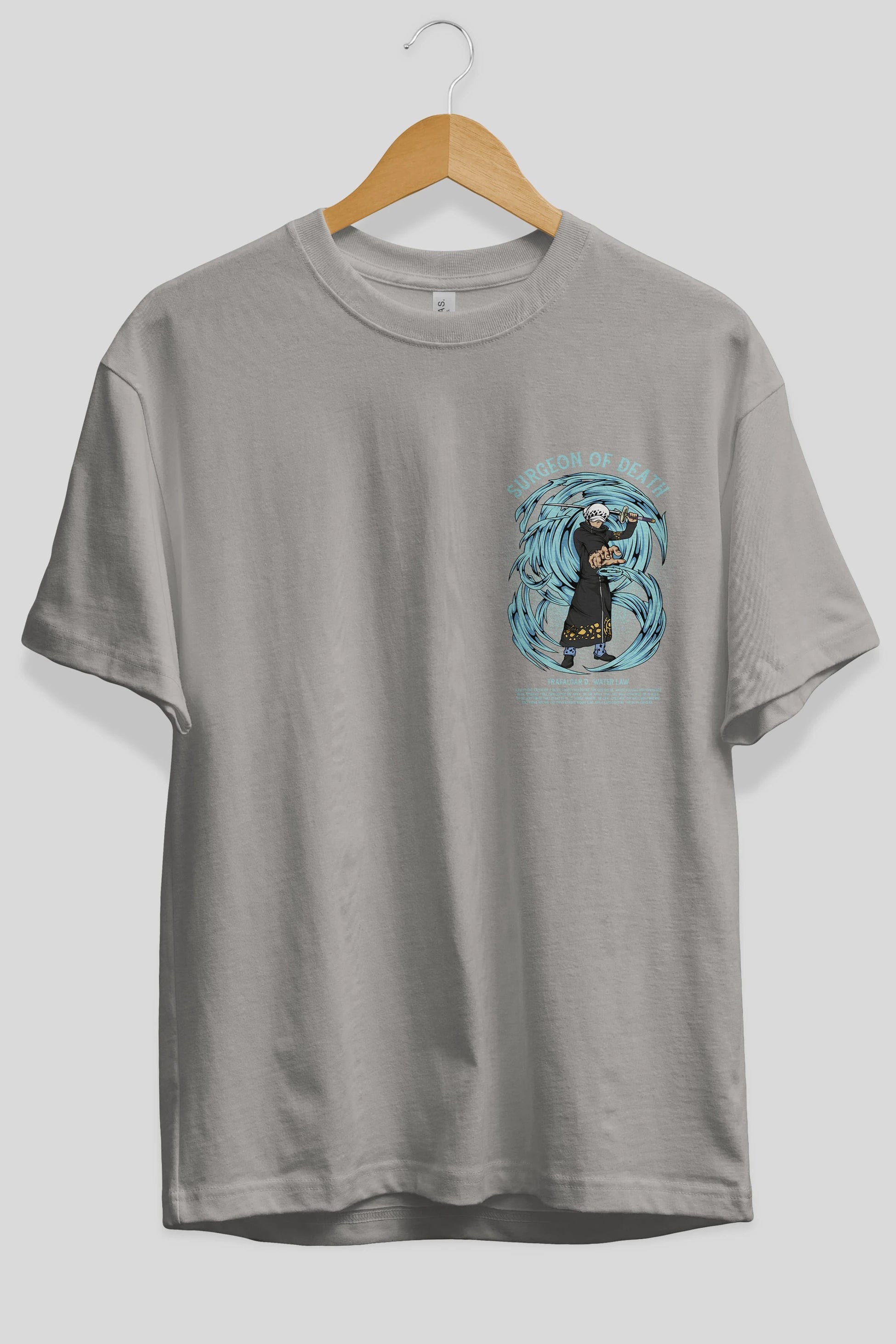 Trafalgad D. Water Law Ön Sol Baskılı Oversize t-shirt Erkek Kadın Unisex %100 Pamuk Bisiklet Yaka tişort