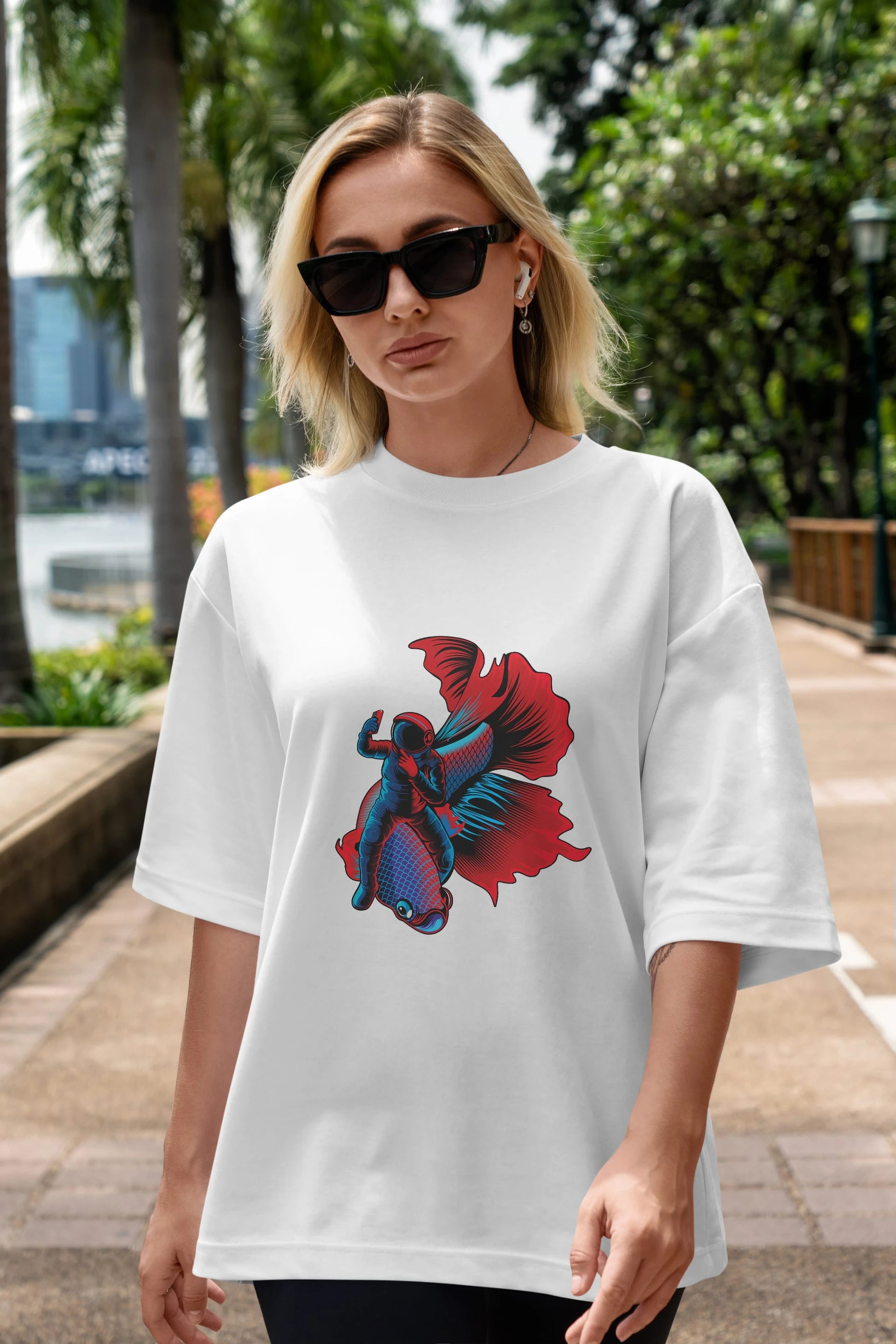 Astrofish selfie sticker Ön Baskılı Oversize t-shirt Erkek Kadın Unisex