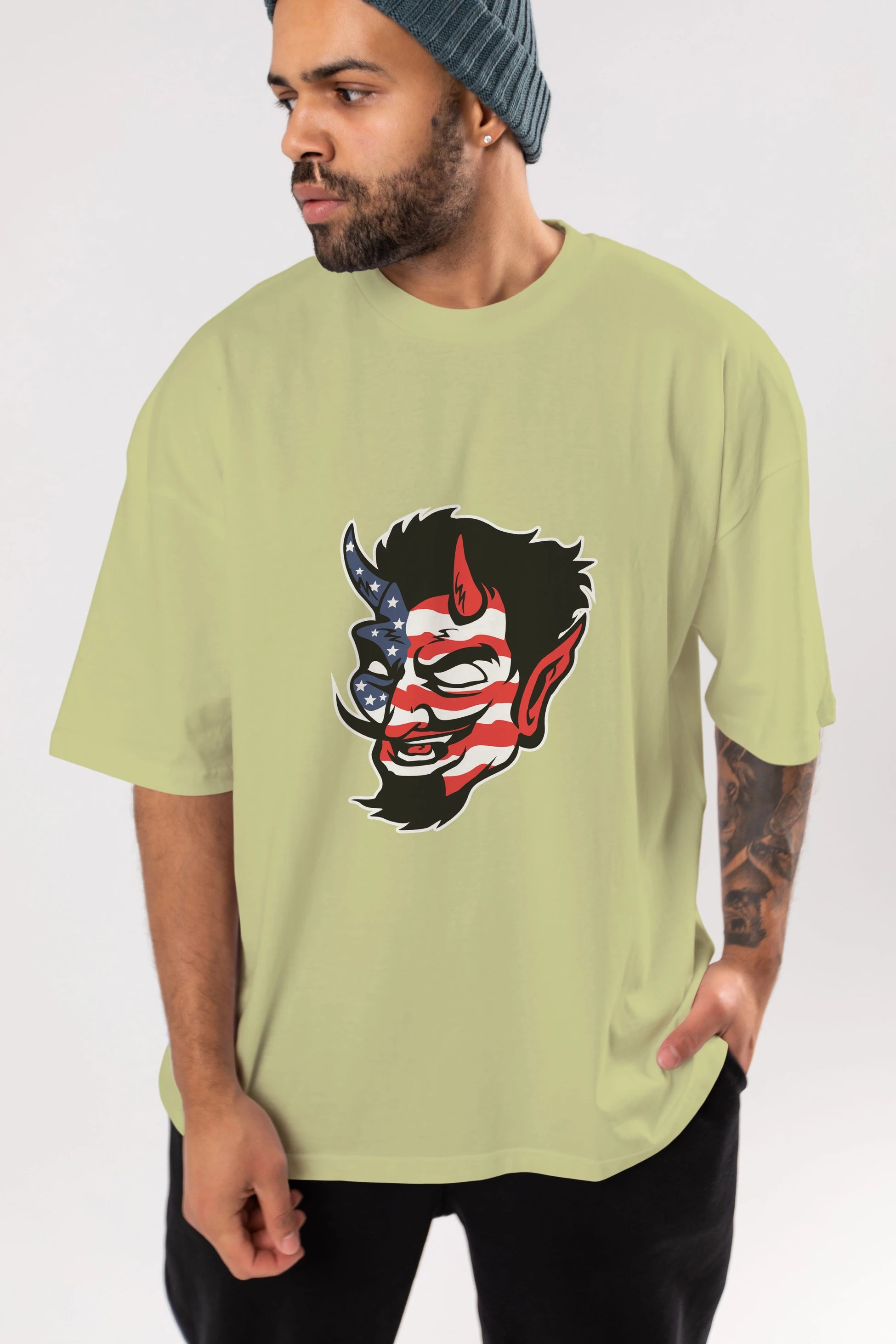 American Devil Ön Baskılı Oversize t-shirt Erkek Kadın Unisex %100 Pamuk tişort