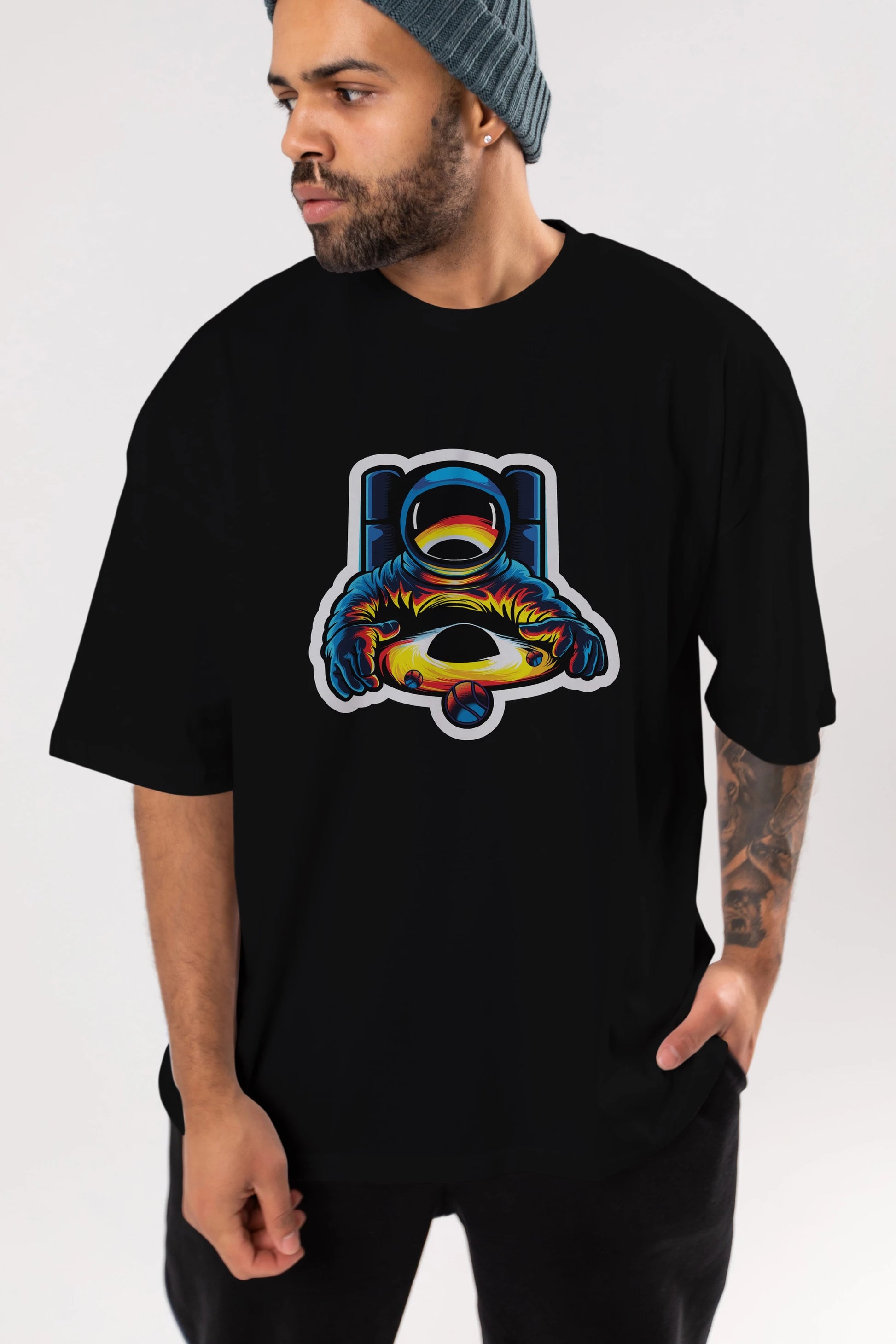 Astronaut & Black Hole Sticker Ön Baskılı Oversize t-shirt Erkek Kadın Unisex