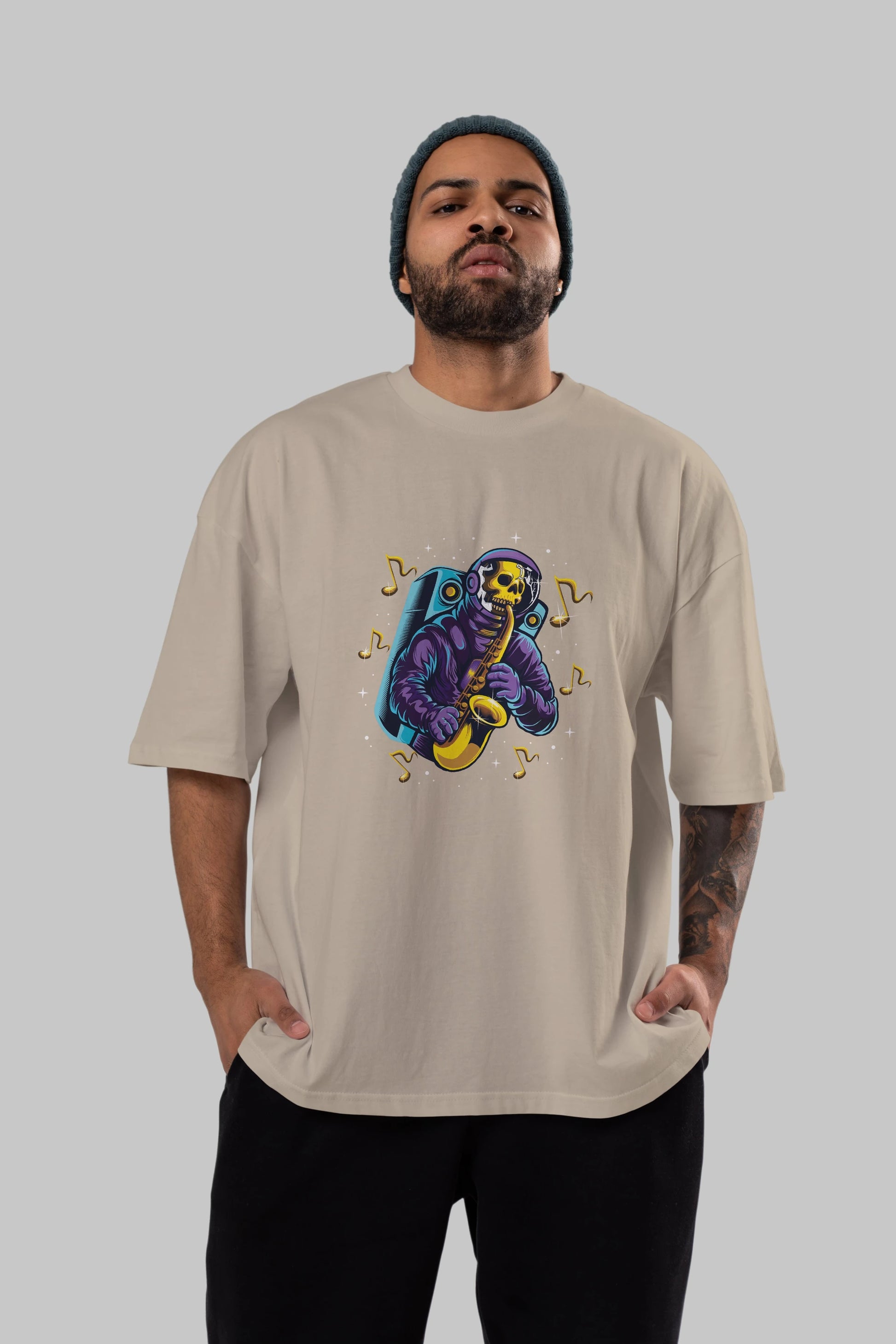 Astroskull Saxophonist Ön Baskılı Oversize t-shirt Erkek Kadın Unisex