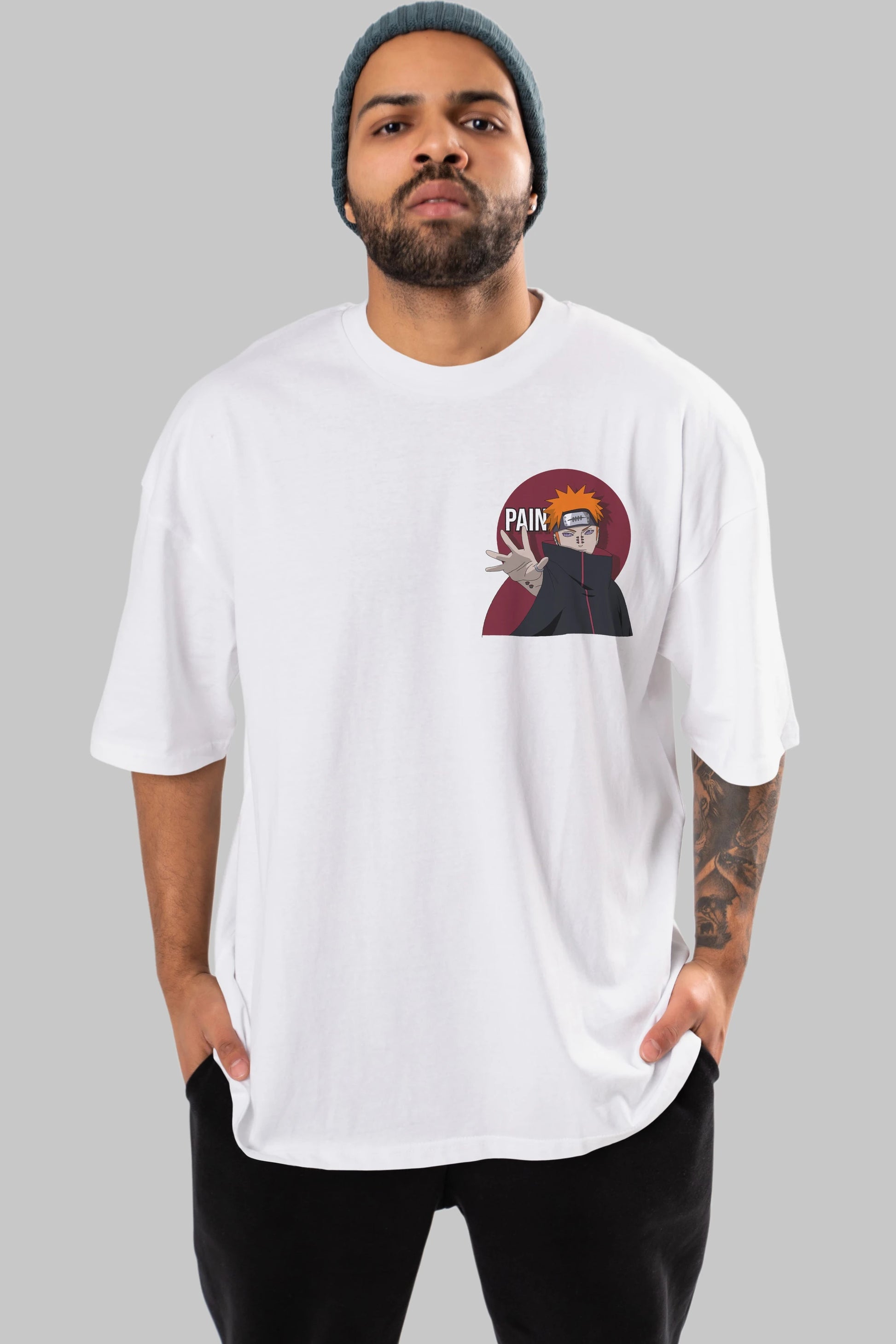 PAIN NARUTO Ön Sol Baskılı Oversize t-shirt Erkek Kadın Unisex %100 Pamuk Bisiklet Yaka tişort