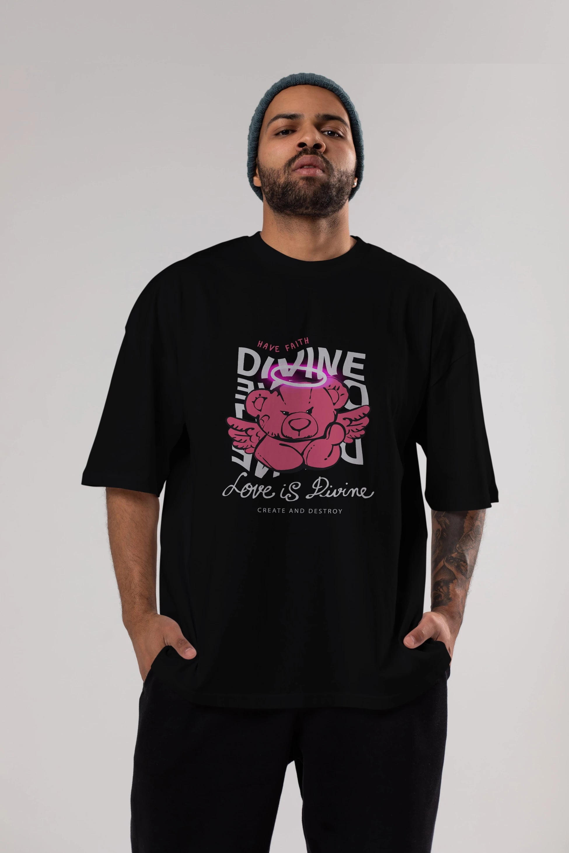Love is Divine Bear Ön Baskılı Oversize t-shirt Erkek Kadın Unisex