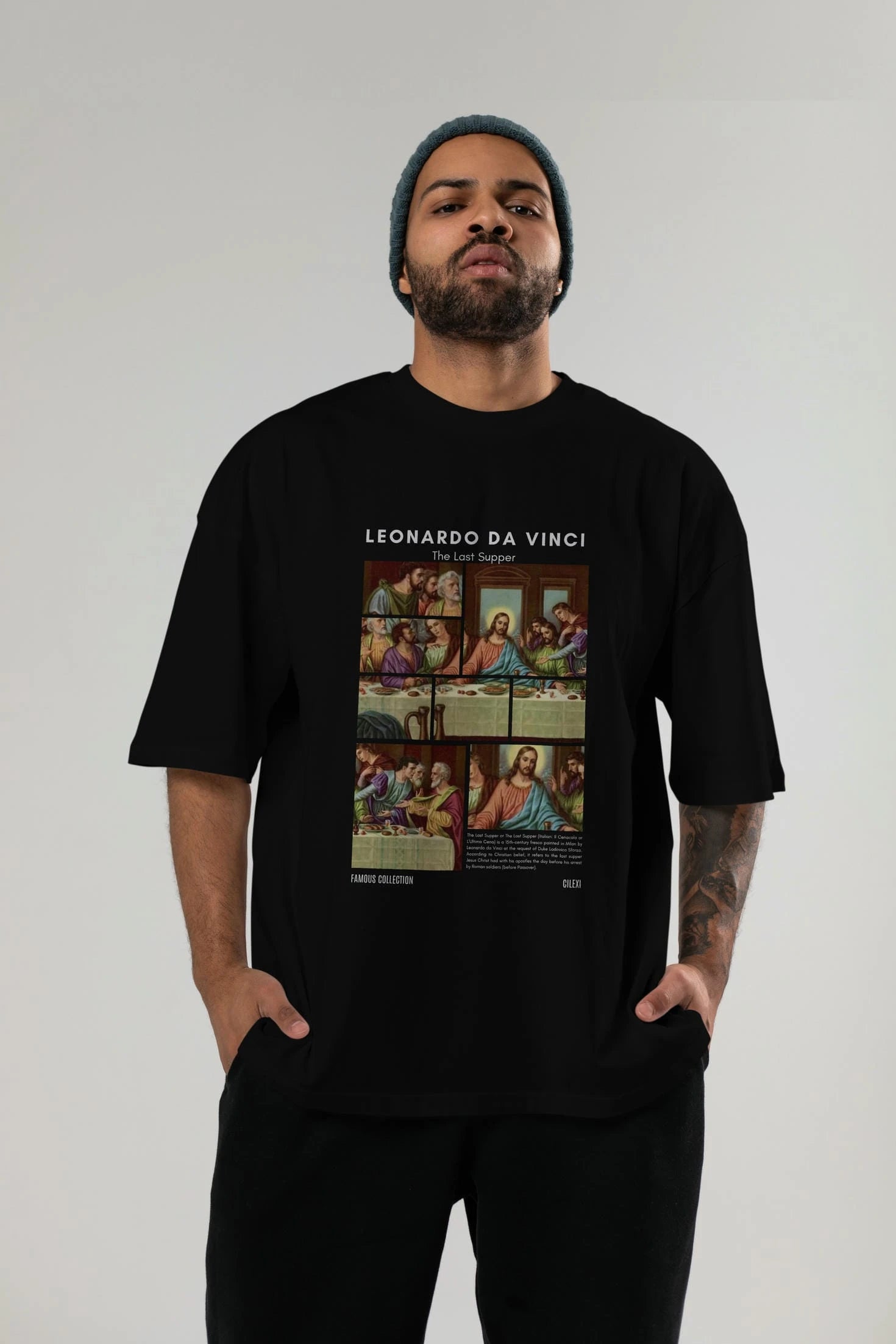 Leonardo Da Vinci ön Baskılı Oversize t-shirt Erkek Kadın Bisiklet Yaka Pamuk tişort