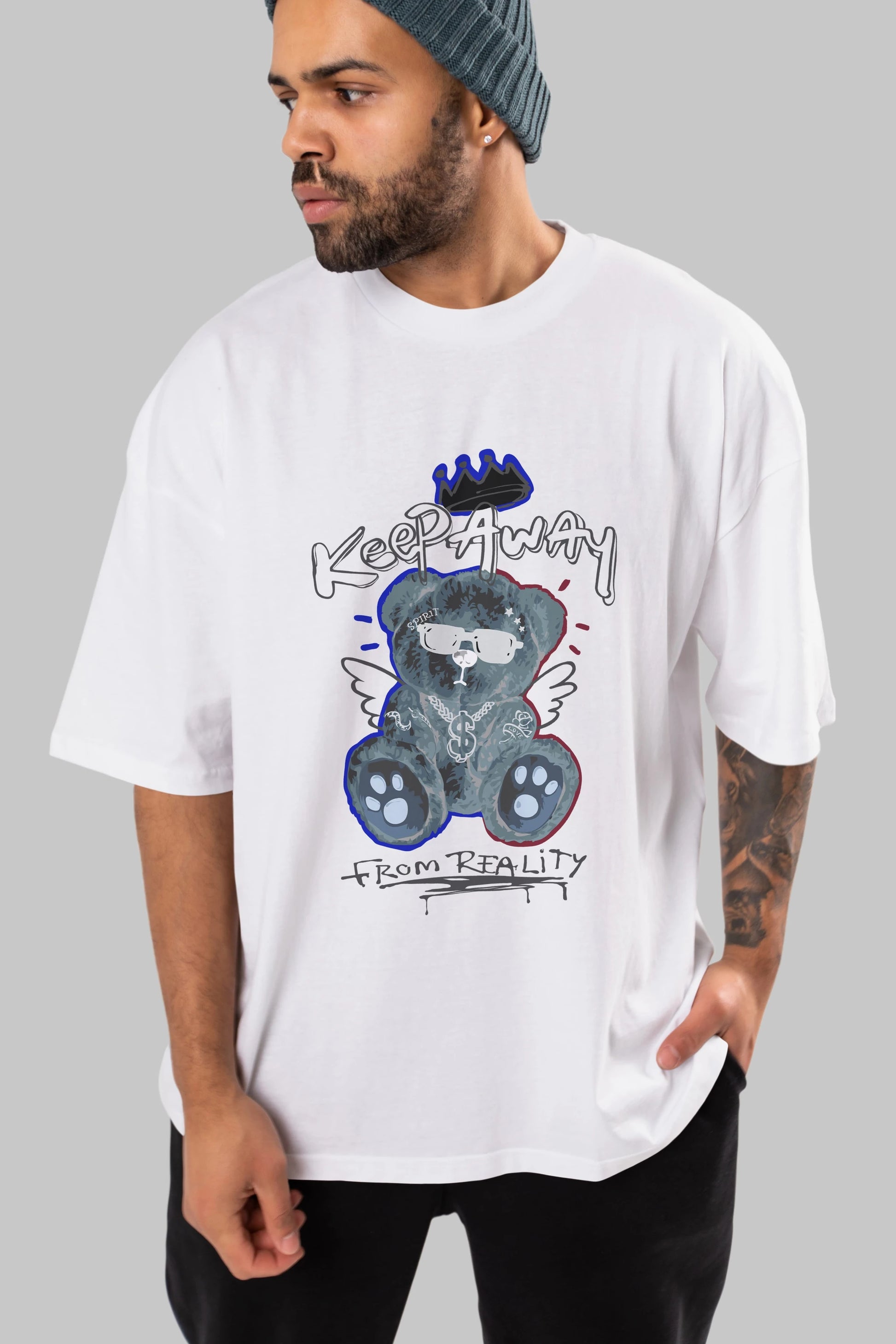 Keep Away Bear Ön Baskılı Oversize t-shirt Erkek Kadın Unisex