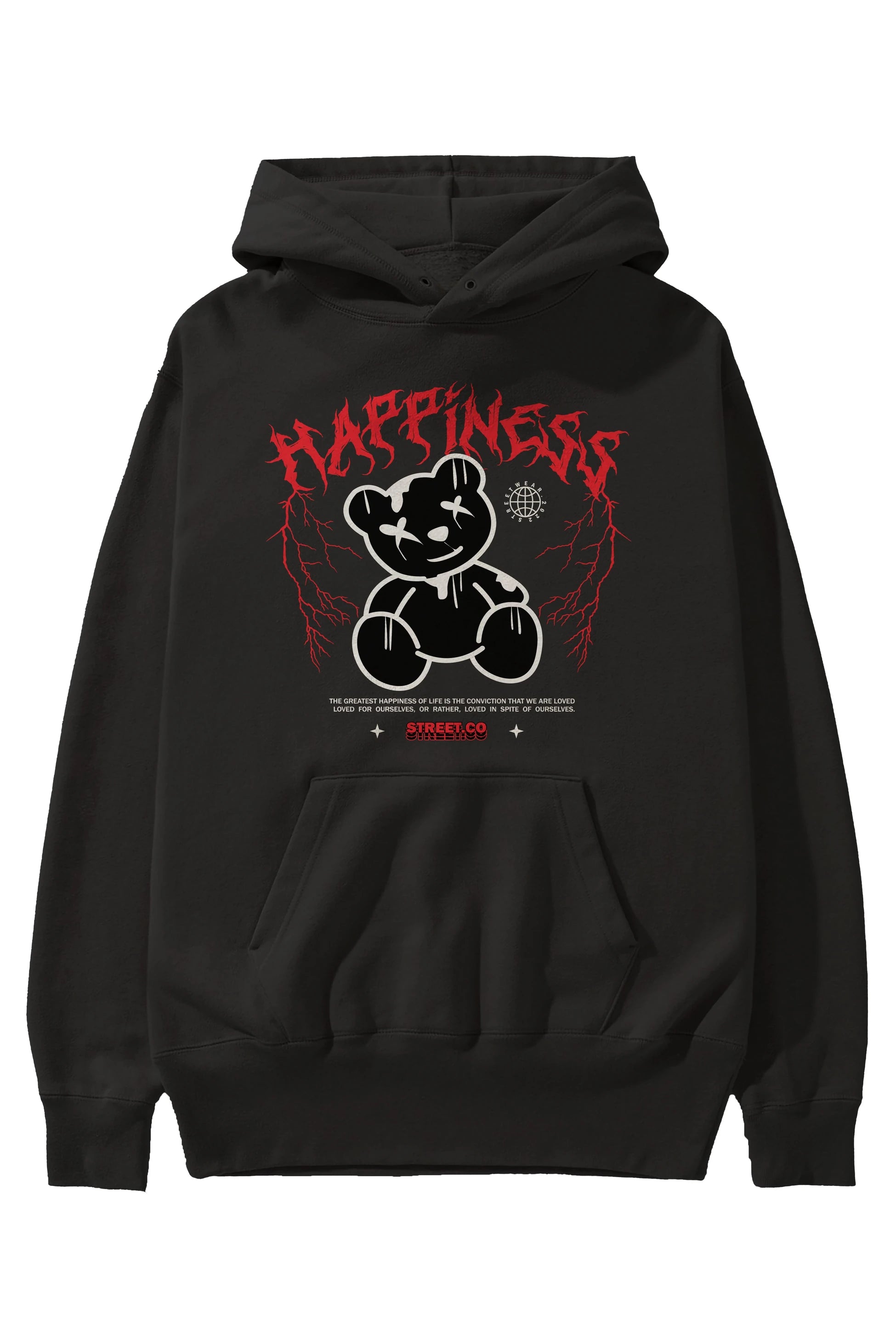 Happiness Bear Ön Baskılı Hoodie Oversize Kapüşonlu Sweatshirt Erkek Kadın Unisex