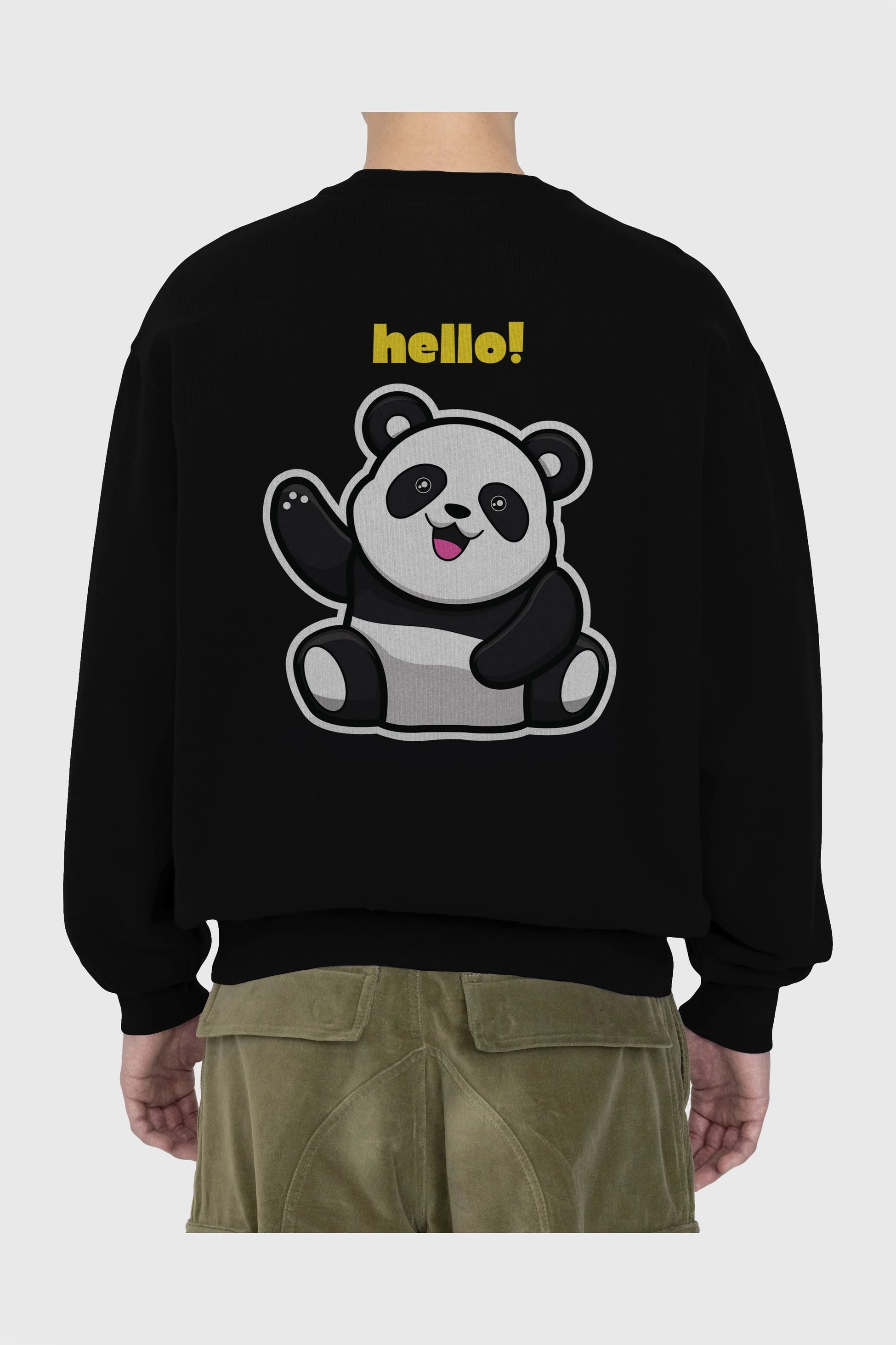 Hello Panda Arka Baskılı Oversize Sweatshirt Erkek Kadın Unisex
