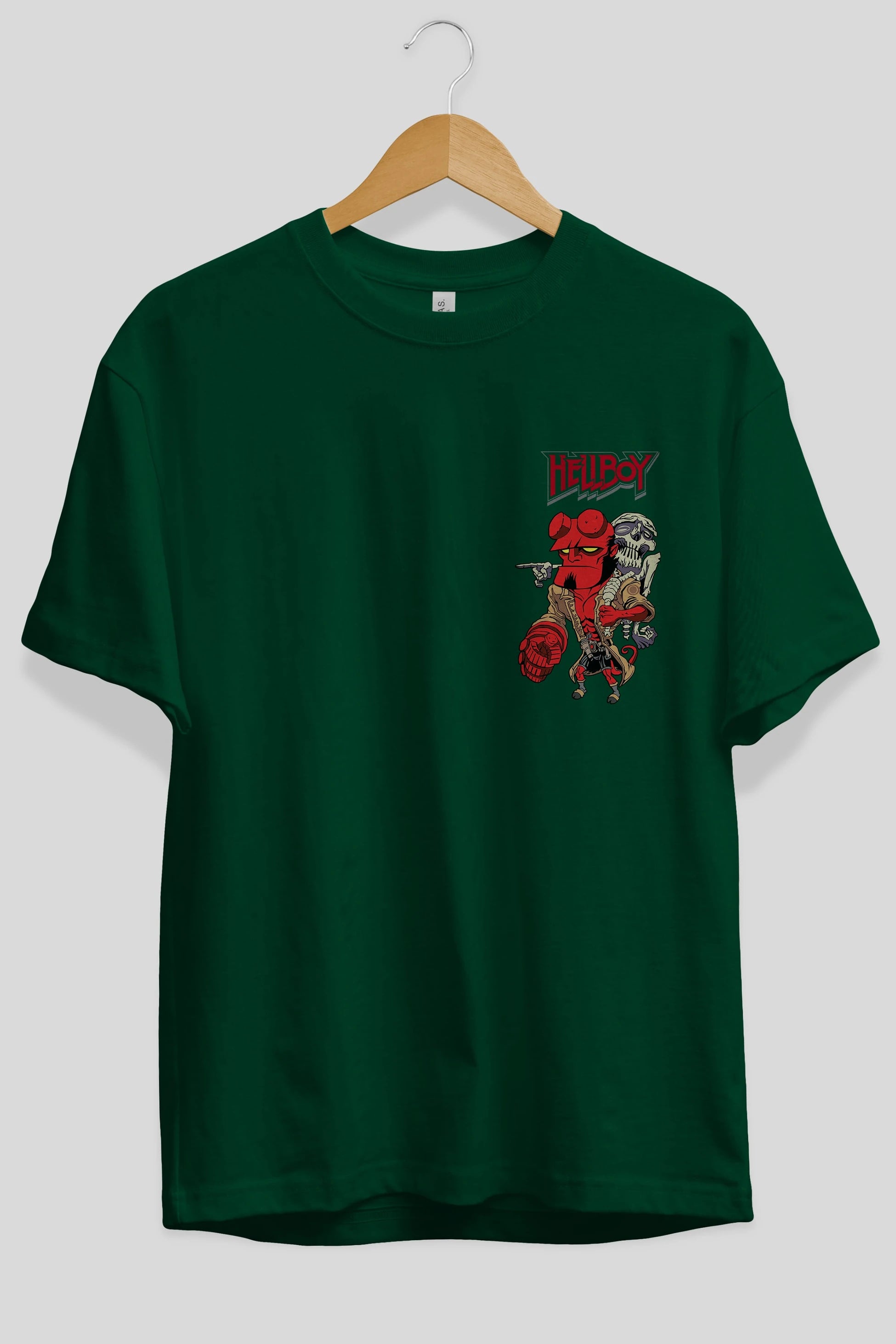 Hellboy (2) Ön Sol Baskılı Oversize t-shirt Erkek Kadın Unisex %100 Pamuk Bisiklet Yaka tişort