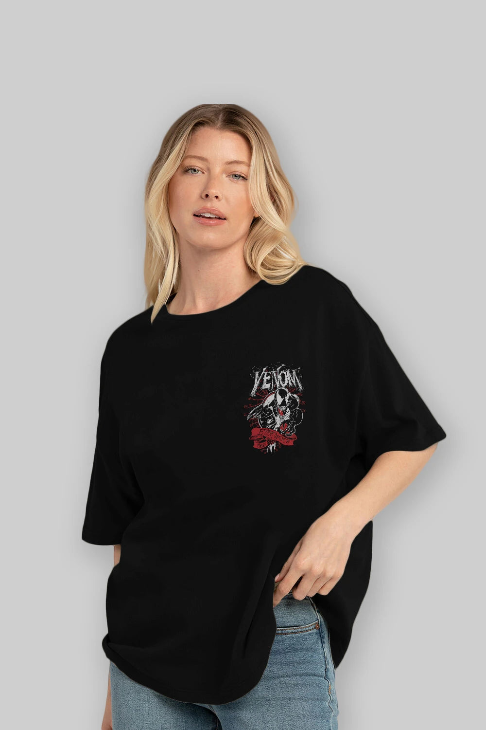 Venom (11) Ön Sol Baskılı Oversize t-shirt Erkek Kadın Unisex %100 Pamuk Bisiklet Yaka tişort