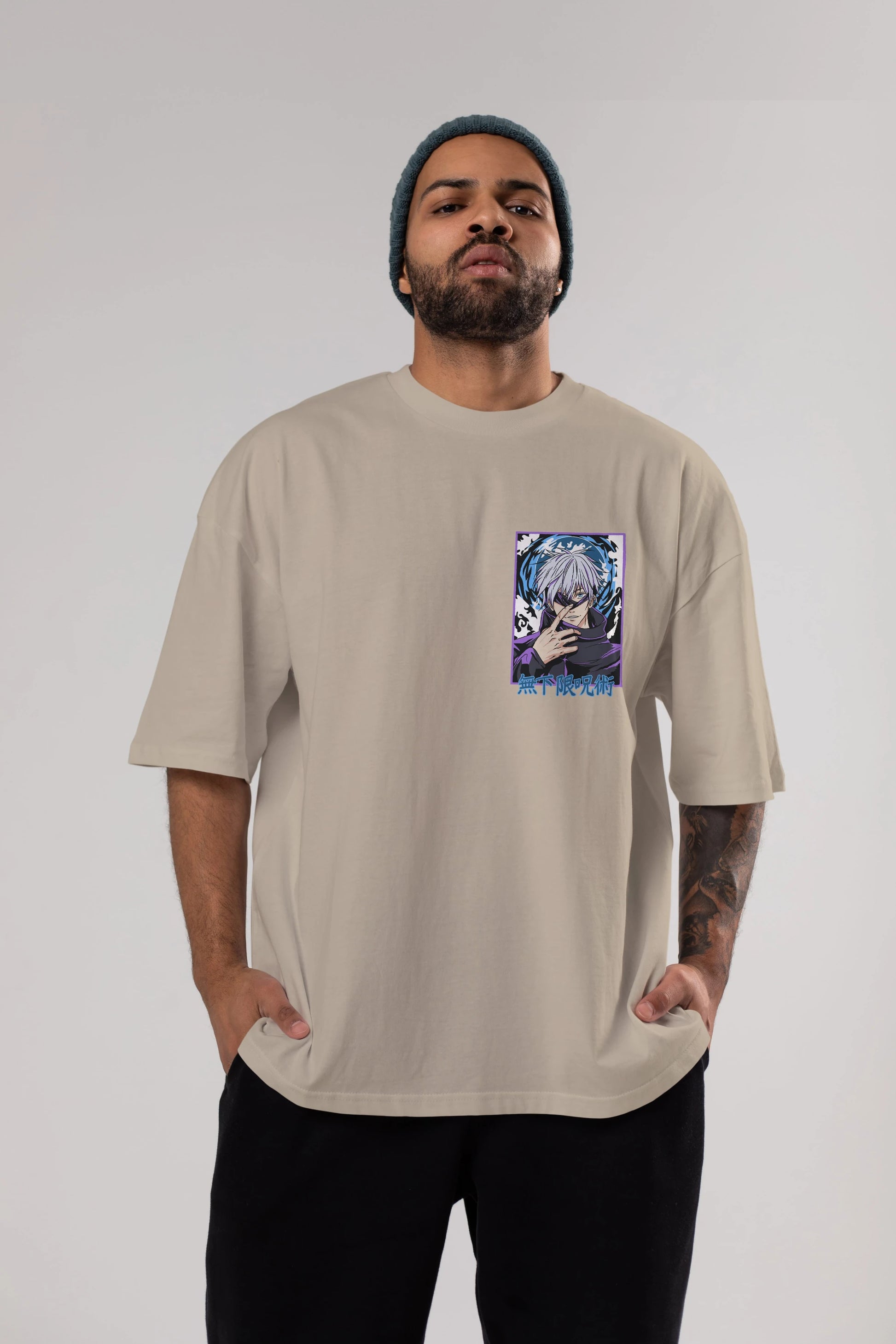 SATORU GOJO 3 Ön Sol Baskılı Oversize t-shirt Erkek Kadın Unisex %100 Pamuk Bisiklet Yaka tişort