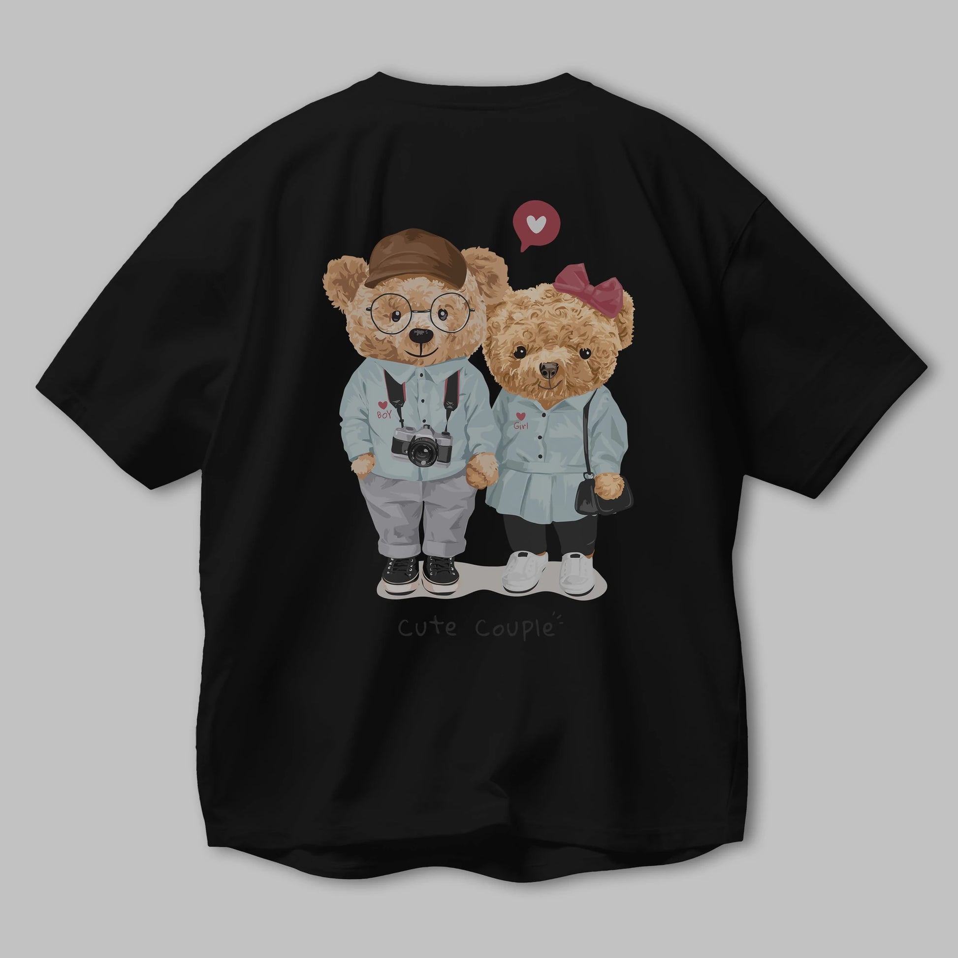 Teddy Bear Cute Couple Arka Baskılı Oversize t-shirt Erkek Kadın Unisex %100 Pamuk