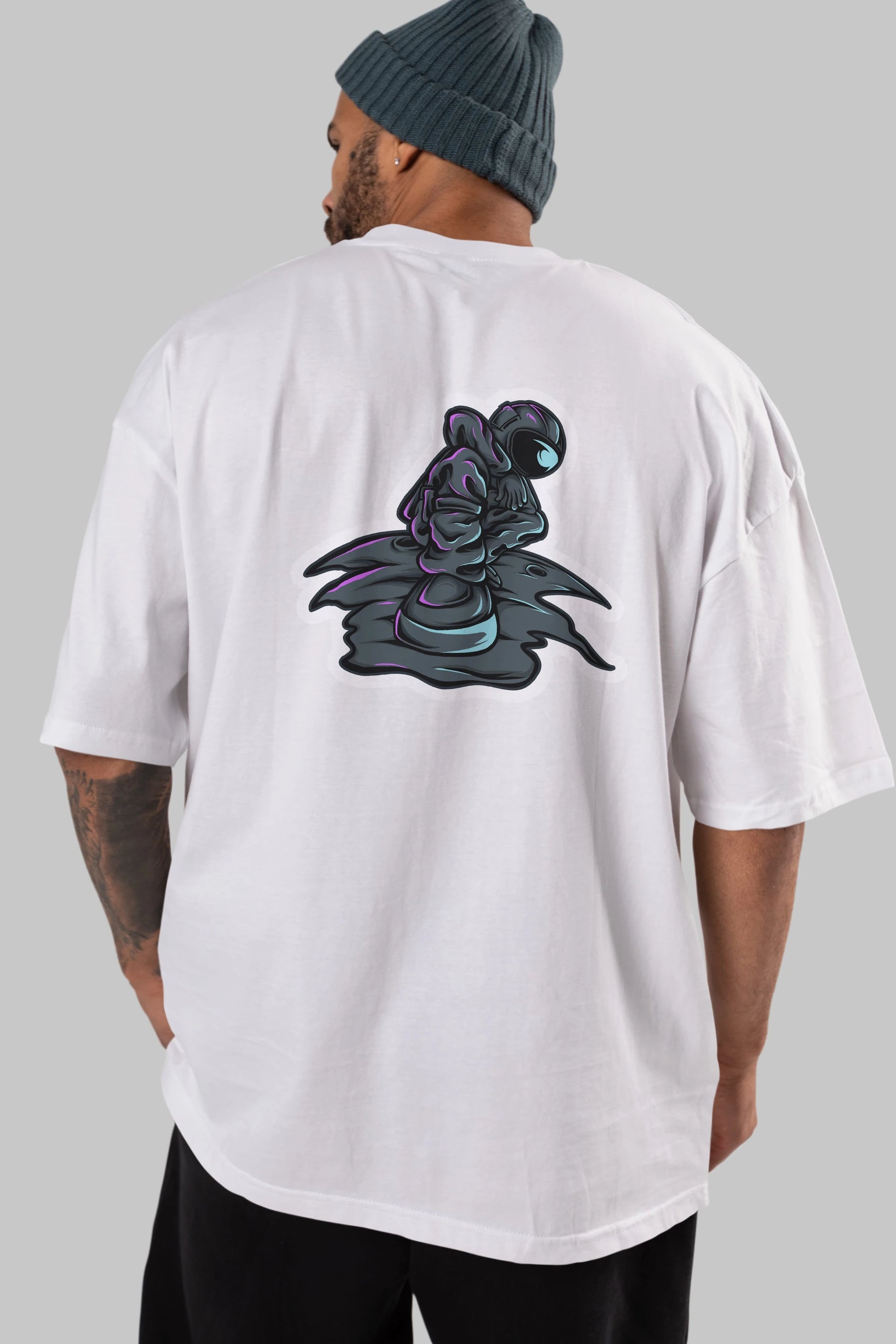 Stylish Astronaut Sticker Arka Baskılı Oversize t-shirt Erkek Kadın Unisex