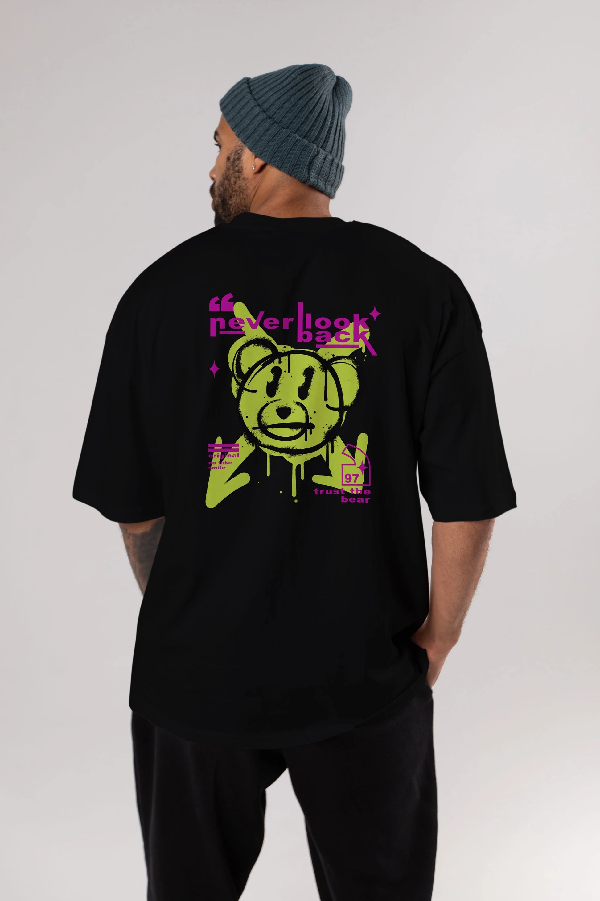 Never Look Back Bear Arka Baskılı Oversize t-shirt Erkek Kadın Unisex