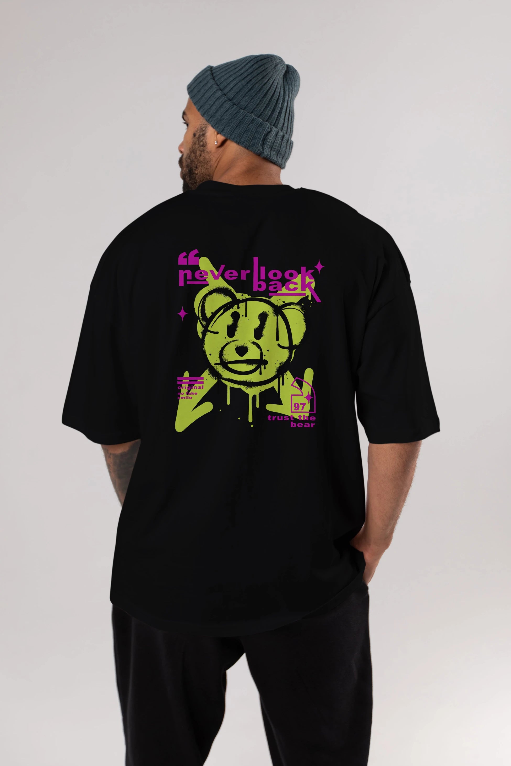 Never Look Back Bear Arka Baskılı Oversize t-shirt Erkek Kadın Unisex