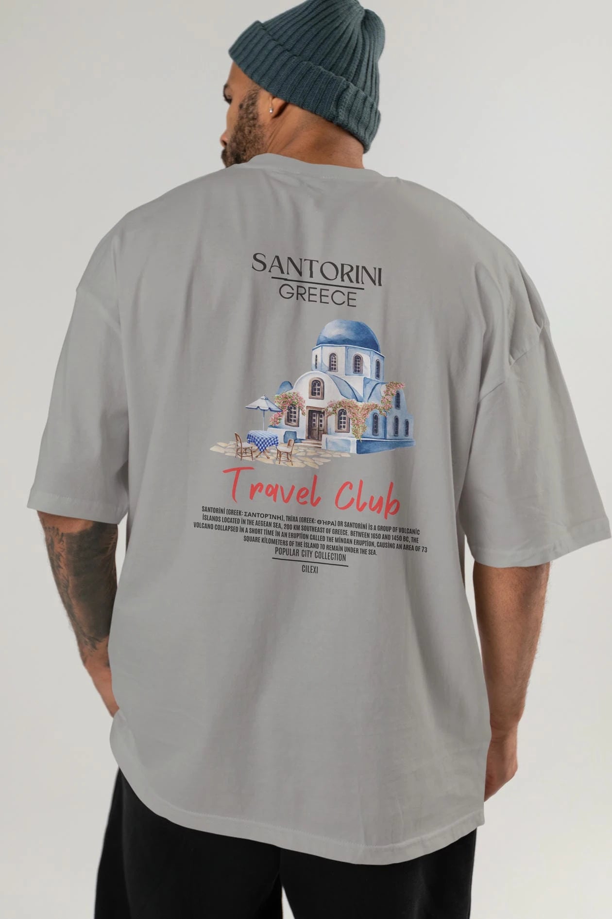 Santorini Greece Arka Baskılı Oversize t-shirt Erkek Kadın Pamuk Bisiklet Yaka tişort