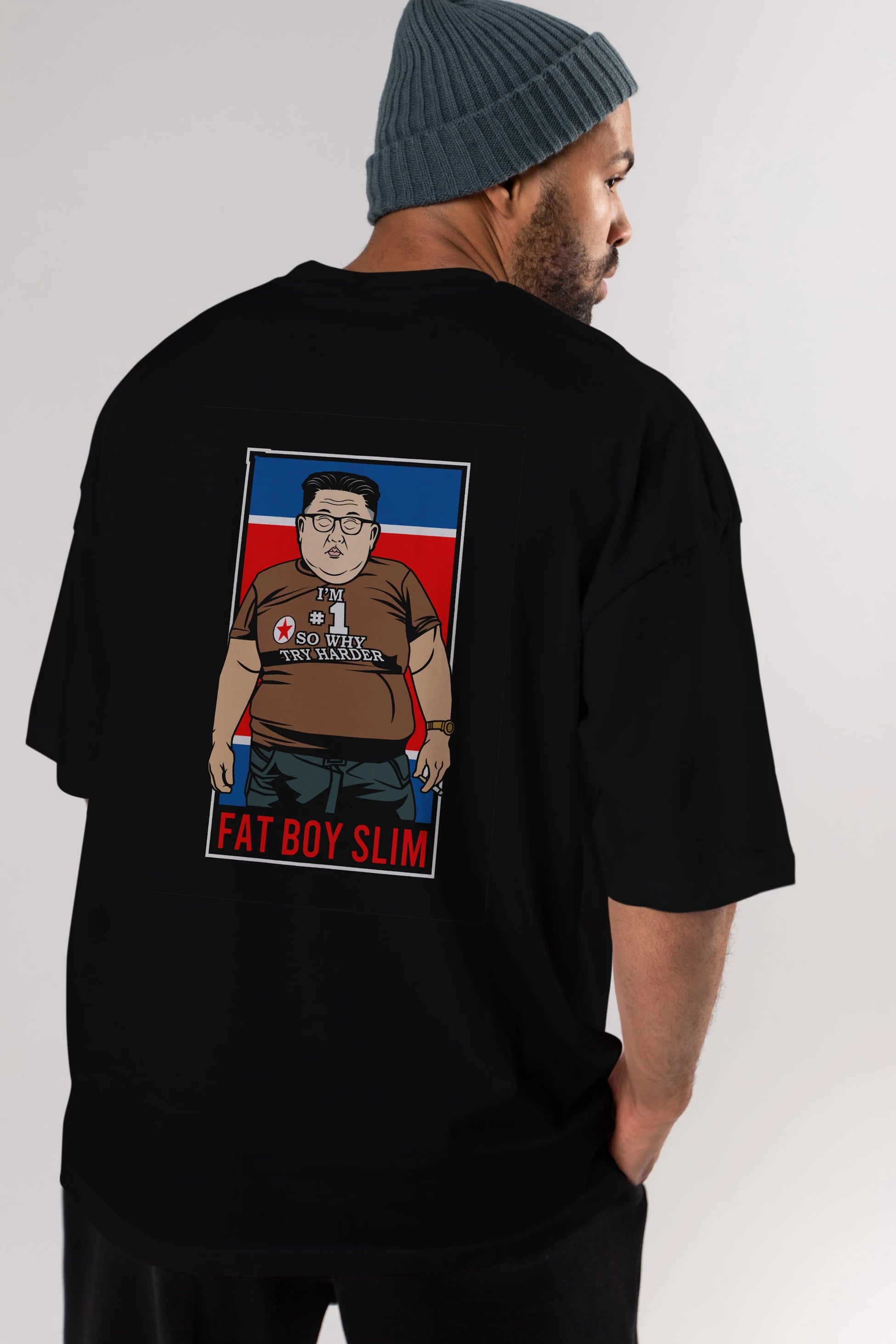 Fat Boy Slim Kim Jong Un Arka Baskılı Oversize t-shirt Erkek Kadın Unisex %100 Pamuk tişort