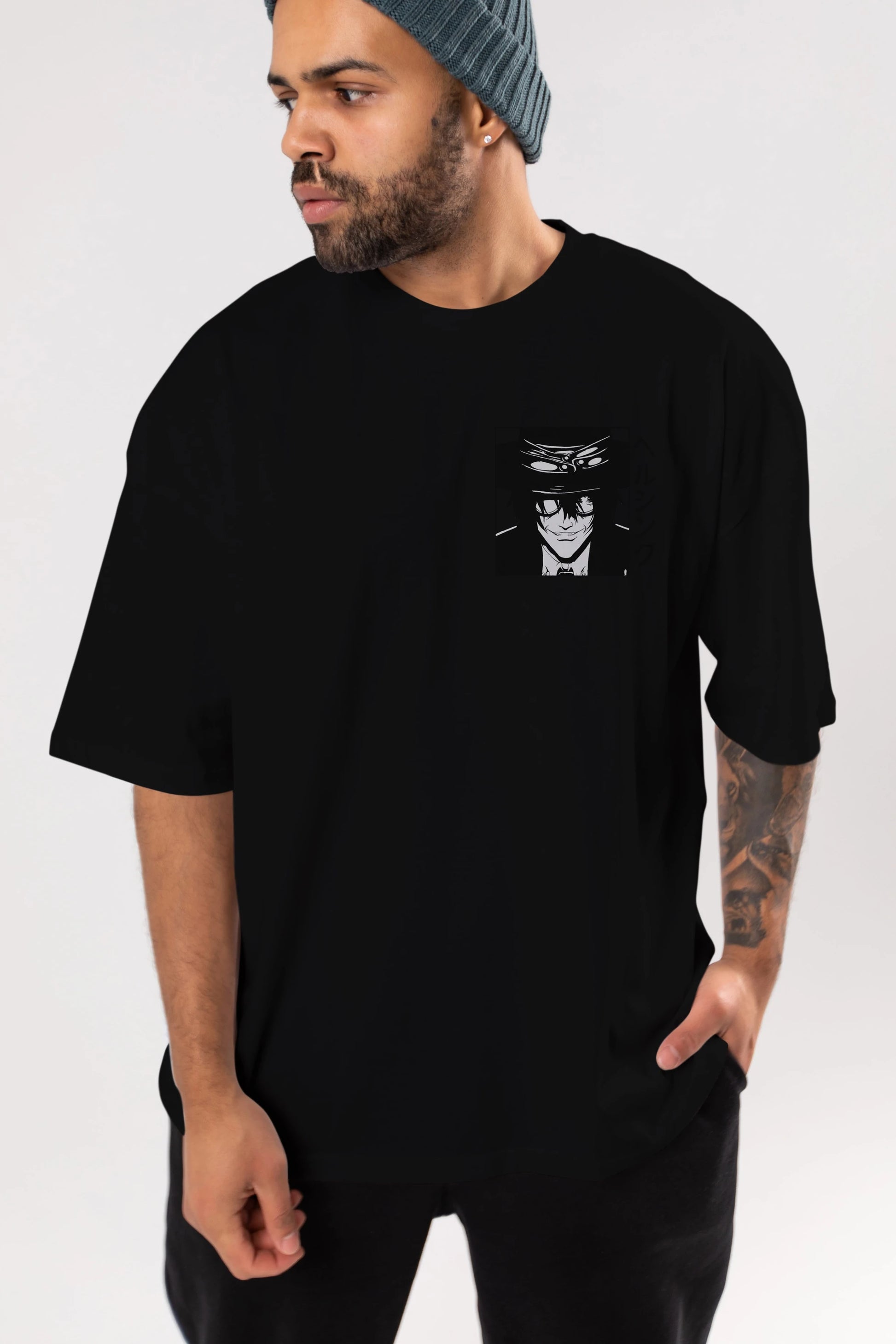 Alucard 1 Ön Sol Baskılı Oversize t-shirt Erkek Kadın Unisex %100 Pamuk Bisiklet Yaka tişort