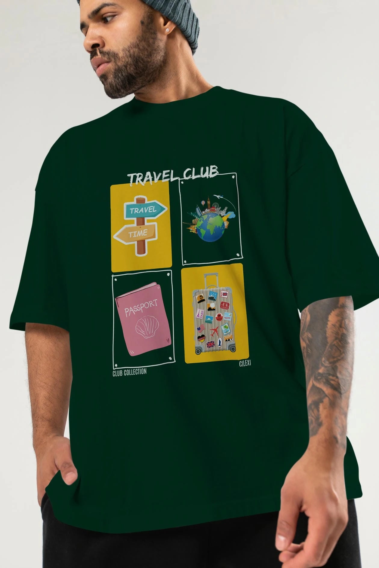Travel Club ön Baskılı Oversize t-shirt Erkek Kadın %100 Pamuk Bisiklet Yaka tişort