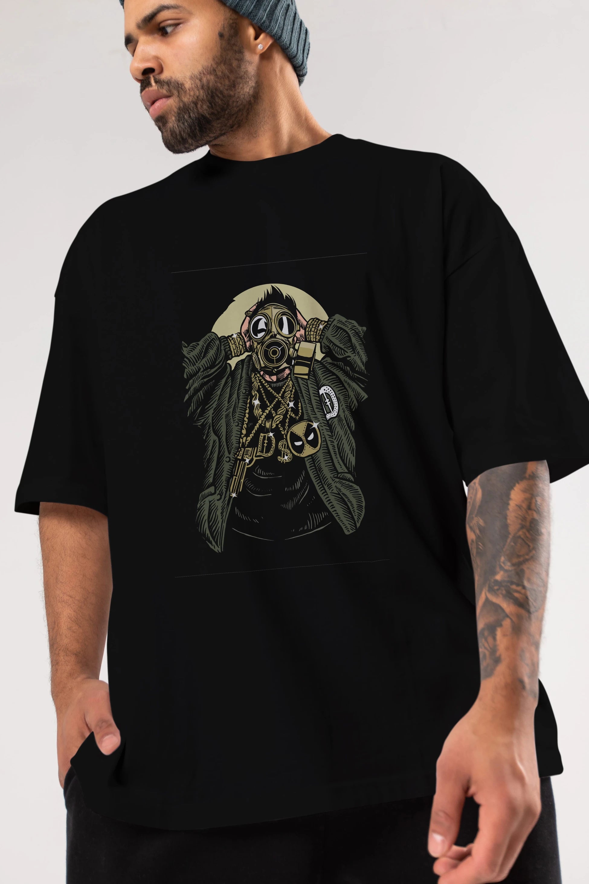 Gasmask Gangsta Ön Baskılı Oversize t-shirt Erkek Kadın Unisex %100 Pamuk tişort