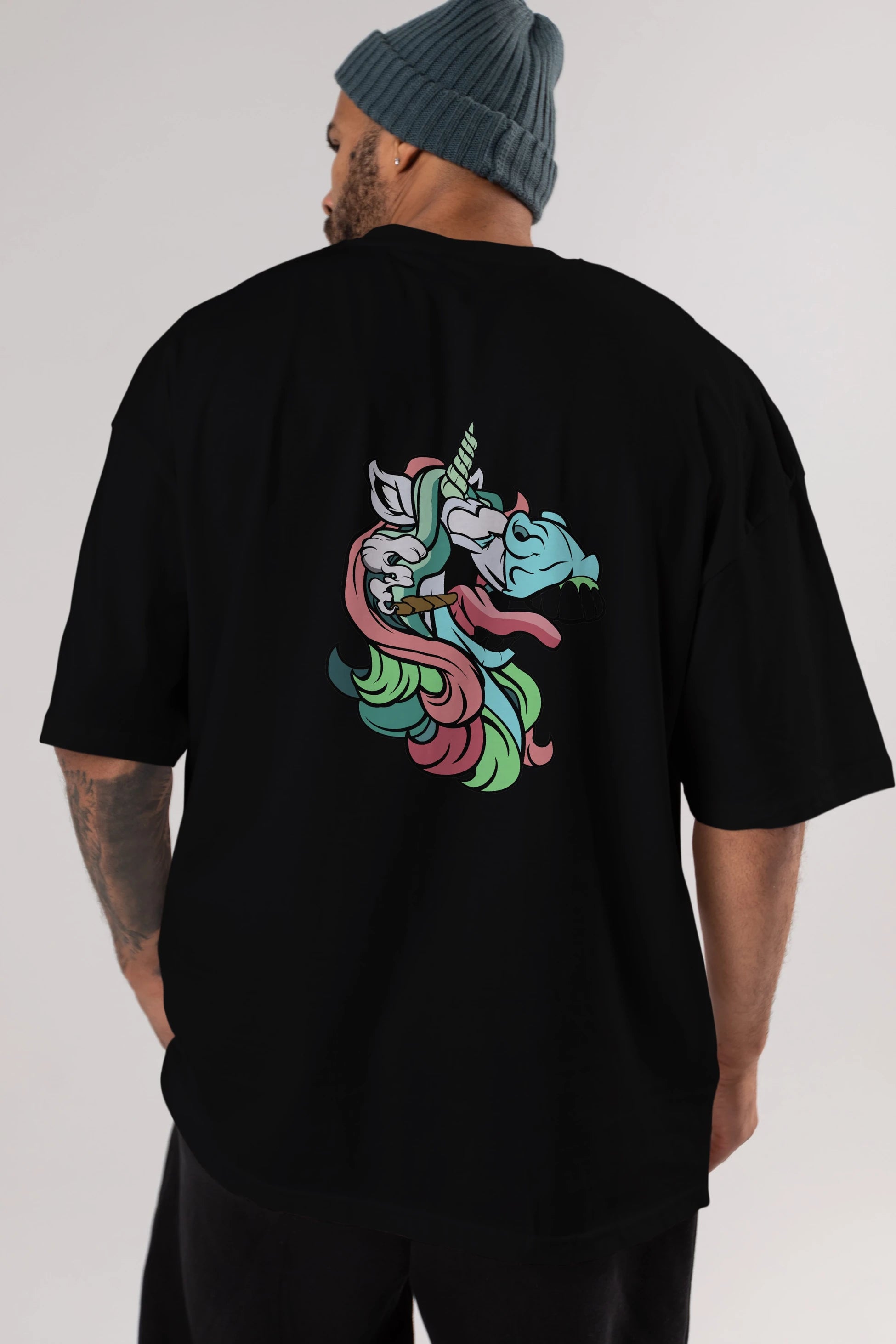 Crazy Unicorn Arka Baskılı Oversize t-shirt Erkek Kadın Unisex %100 Pamuk tişort