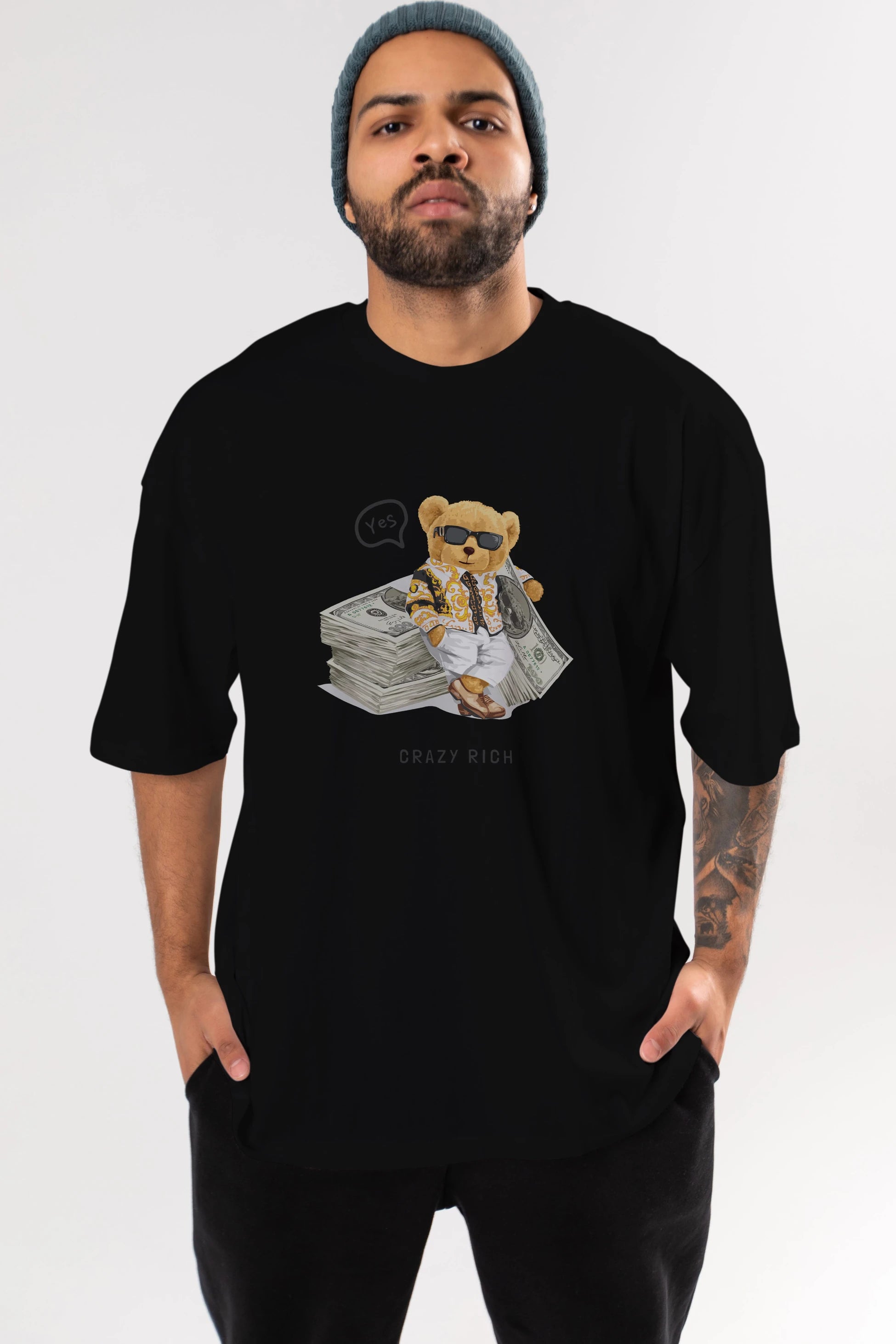 Teddy Bear Crazy Rich Ön Baskılı Oversize t-shirt Erkek Kadın Unisex %100 Pamuk