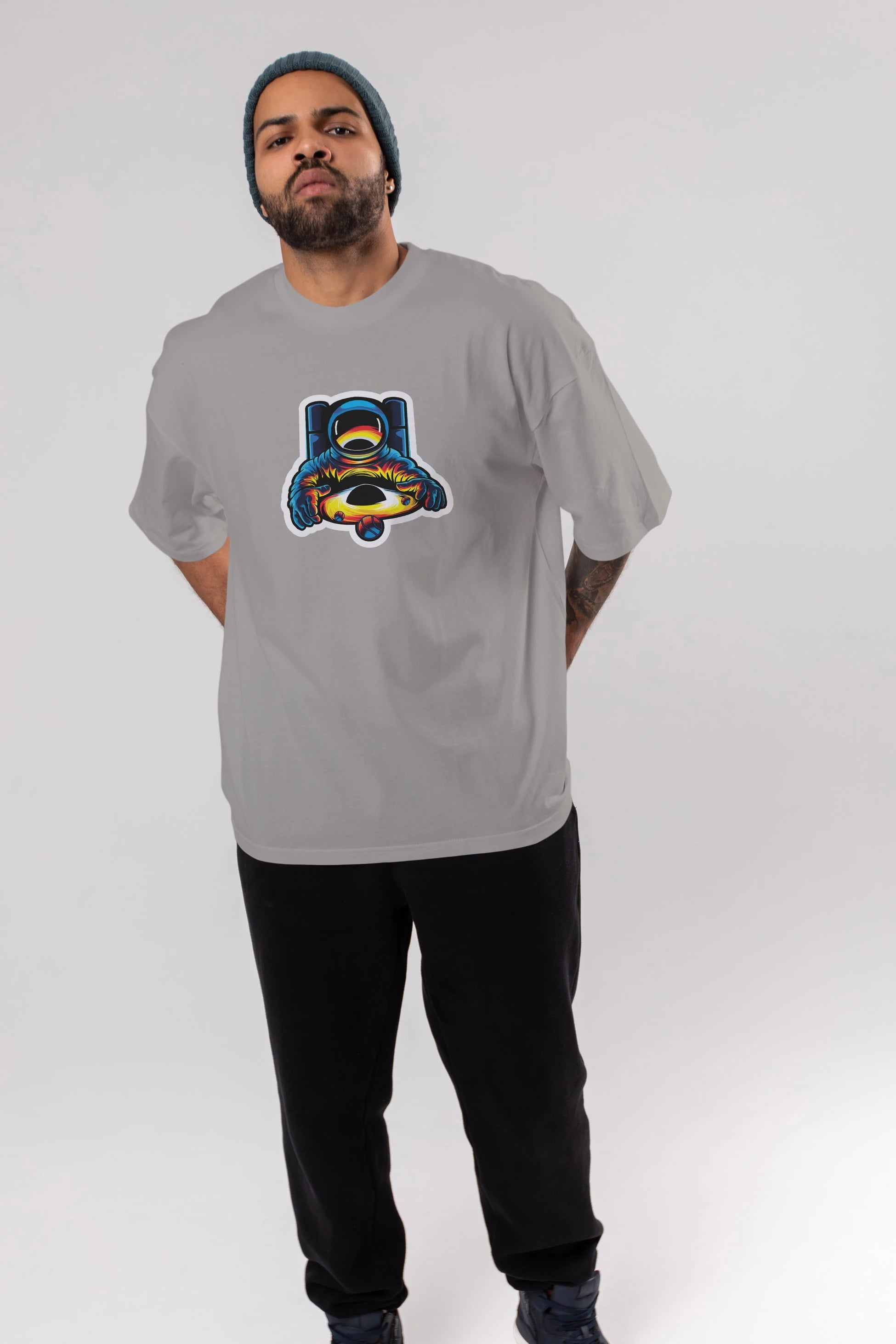Astronaut & Black Hole Sticker Ön Baskılı Oversize t-shirt Erkek Kadın Unisex
