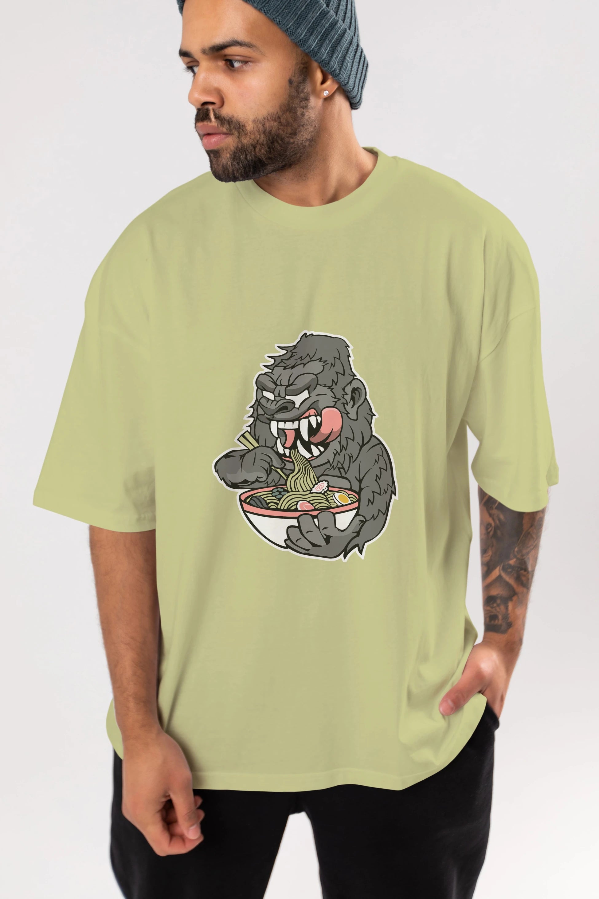 Big Gorilla Ramen Ön Baskılı Oversize t-shirt Erkek Kadın Unisex %100 Pamuk tişort