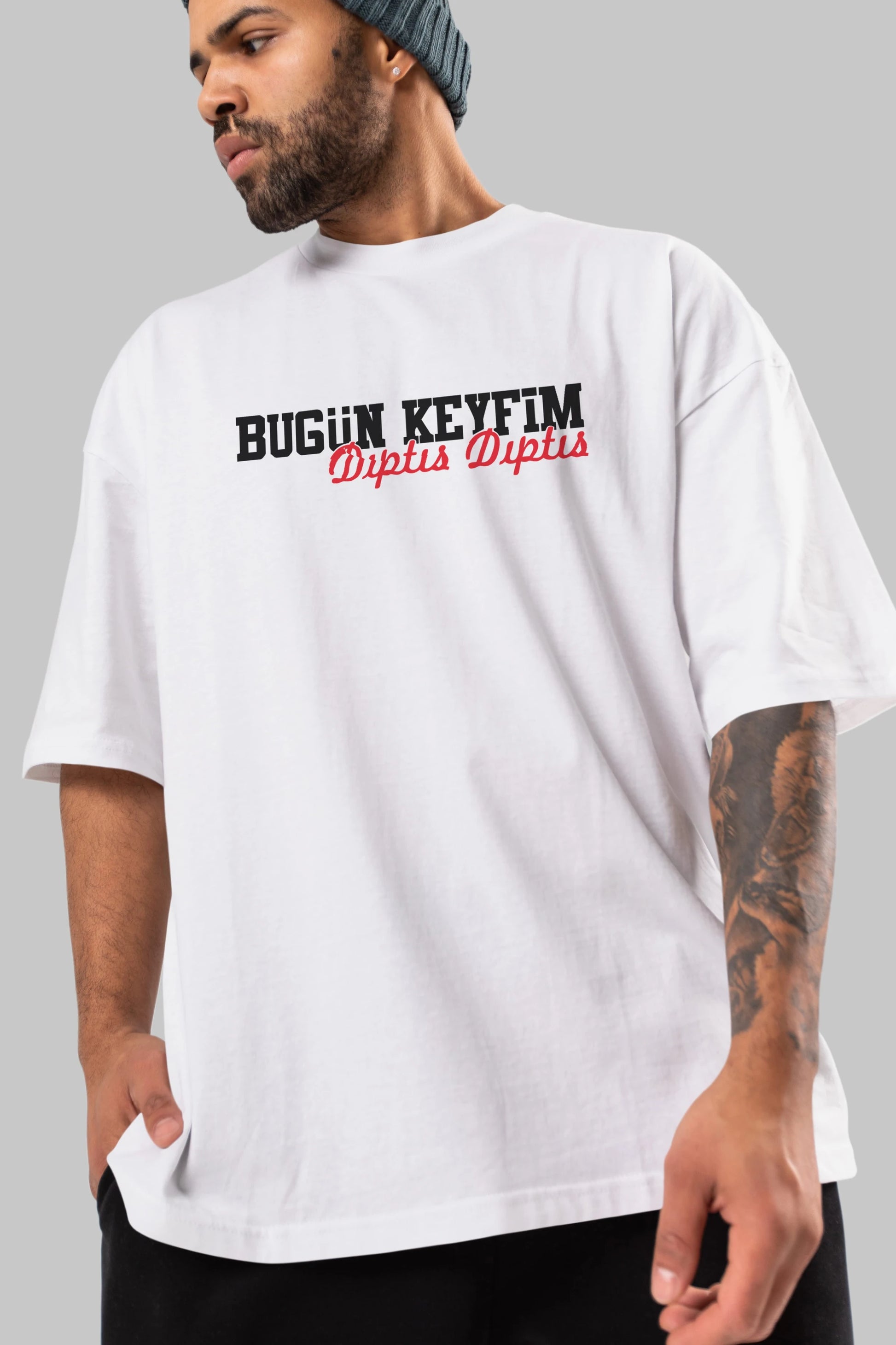 Bugün Keyfim Dıptıs Ön Baskılı Oversize t-shirt %100 pamuk Erkek Kadın Unisex