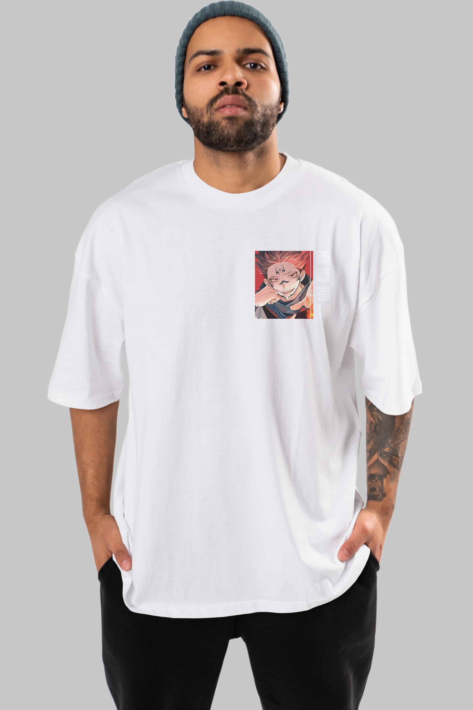 Sukuna Ryoumen 4 Ön Sol Baskılı Oversize t-shirt Erkek Kadın Unisex %100 Pamuk Bisiklet Yaka tişort