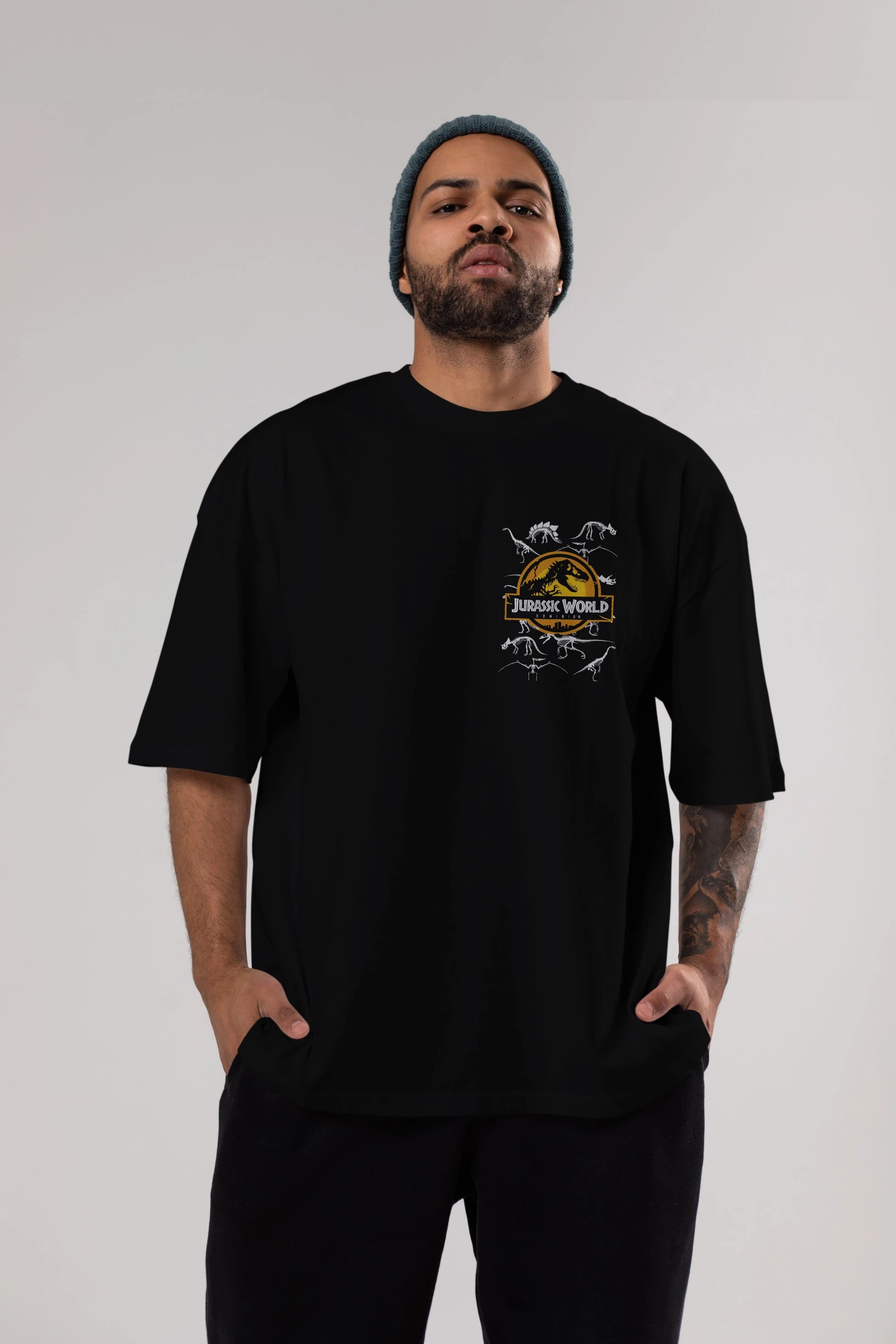 Jurassic Park (5) Ön Sol Baskılı Oversize t-shirt Erkek Kadın Unisex %100 Pamuk Bisiklet Yaka tişort