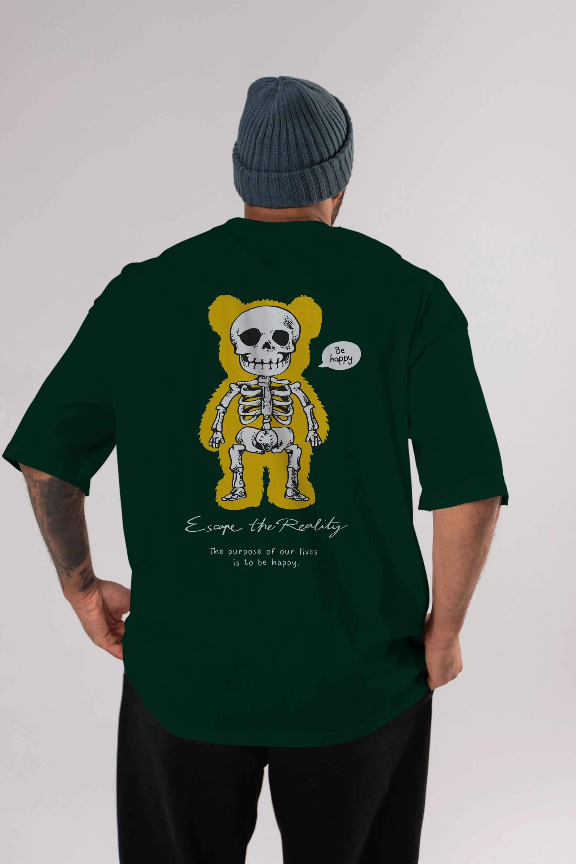 Be Happy Bear Arka Baskılı Oversize t-shirt Erkek Kadın Unisex