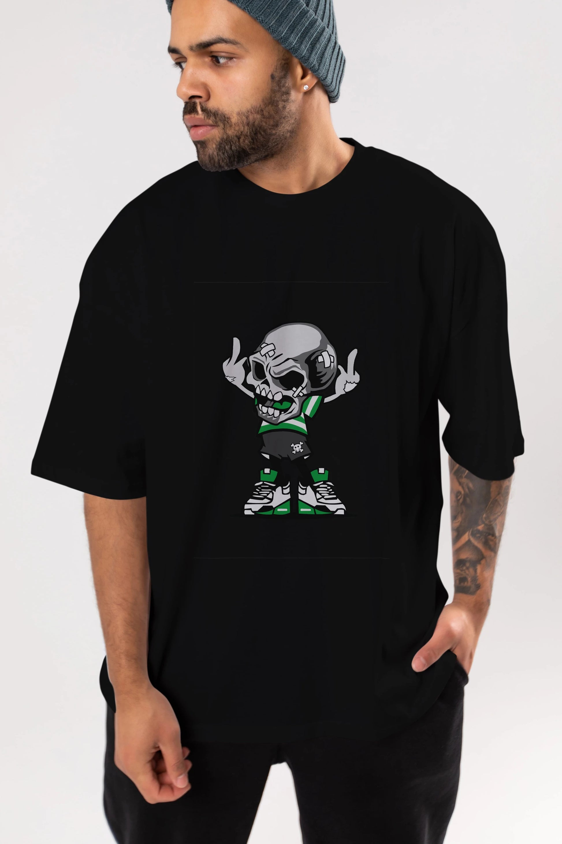 Skull F Hand Ön Baskılı Oversize t-shirt Erkek Kadın Unisex %100 Pamuk tişort