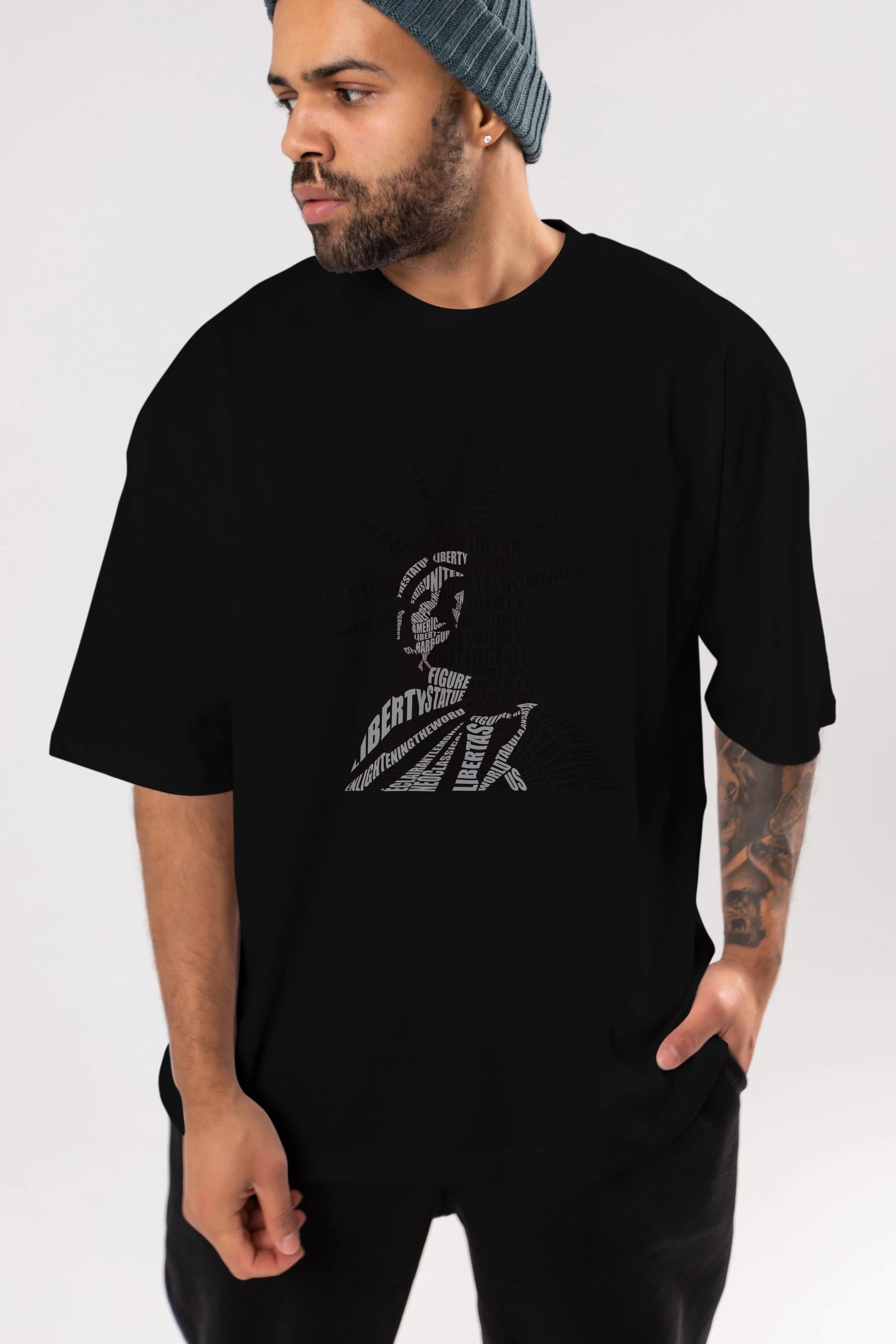 Liberty Statue Calligram Ön Baskılı Oversize t-shirt %100 pamuk Erkek Kadın Unisex