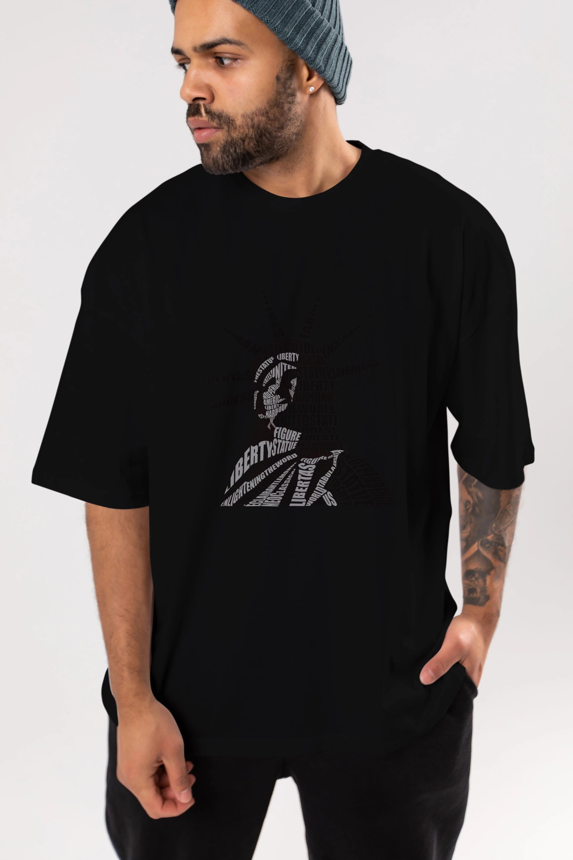 Liberty Statue Calligram Ön Baskılı Oversize t-shirt %100 pamuk Erkek Kadın Unisex
