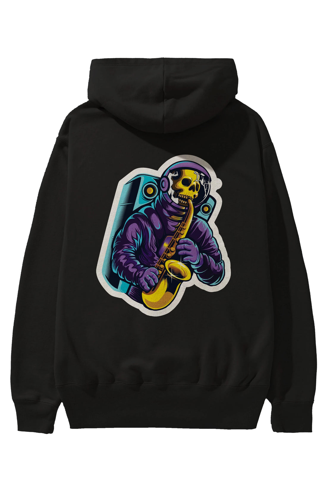Astroskull Saxophonist Sticker Arka Baskılı Hoodie Oversize Kapüşonlu Sweatshirt Erkek Kadın Unisex