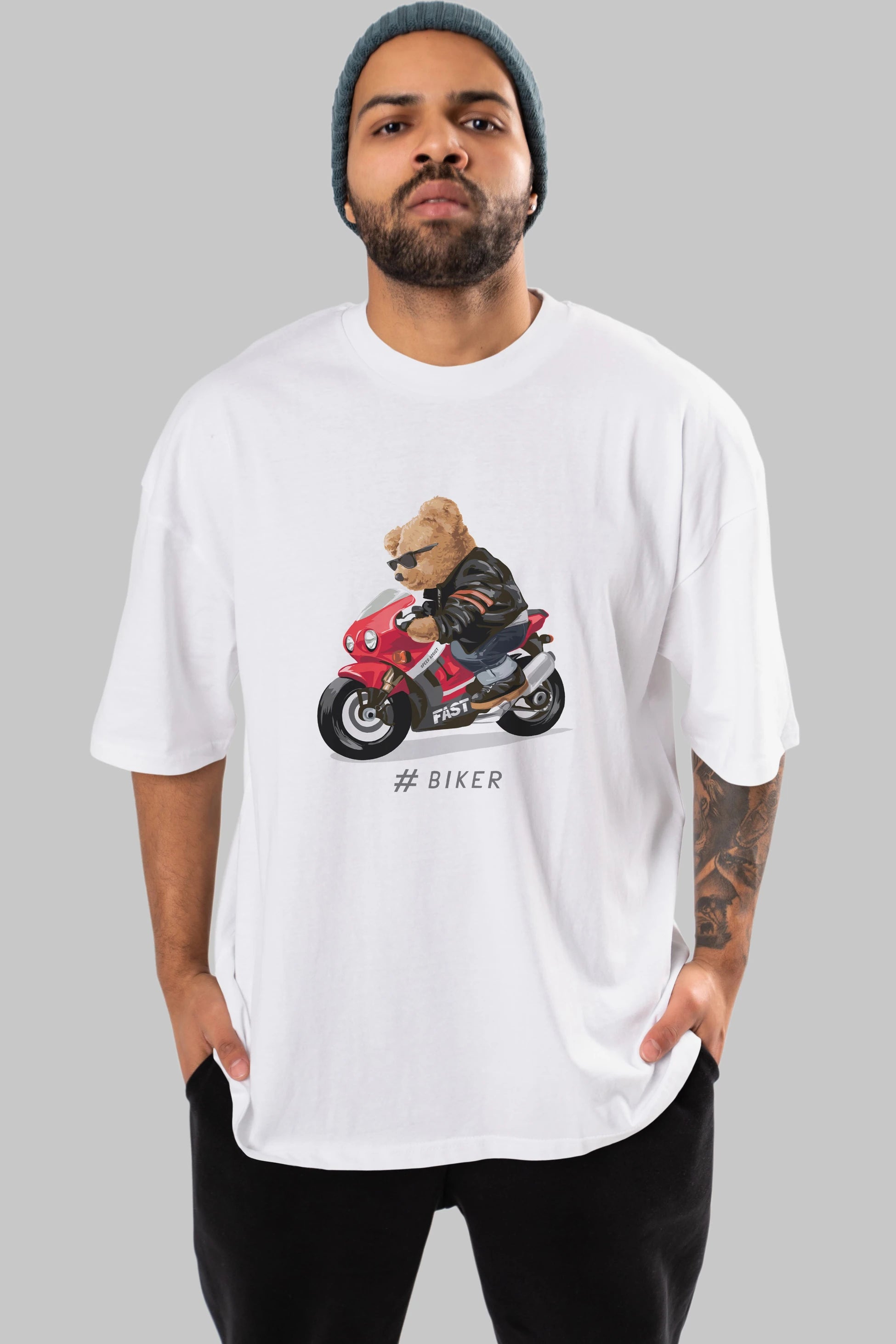 Teddy Bear Biker Ön Baskılı Oversize t-shirt Erkek Kadın Unisex %100 Pamuk
