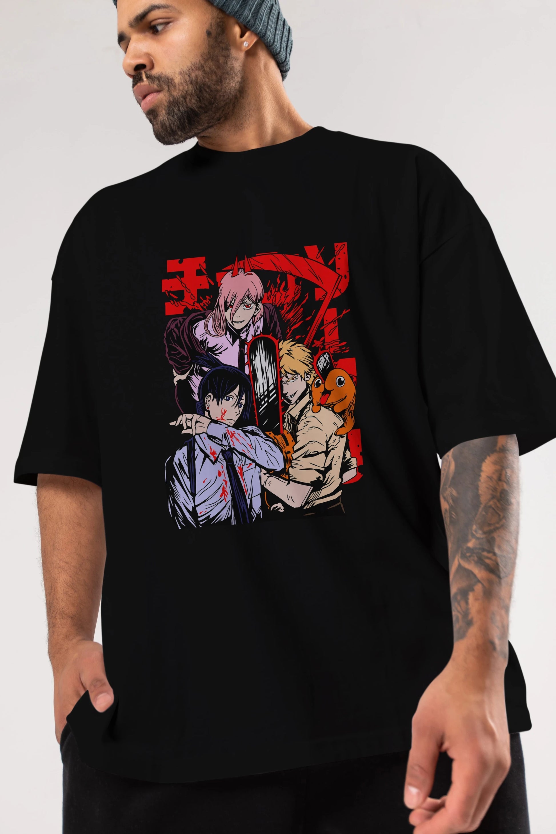 CHAINSAWMAN CREW Anime Ön Baskılı Oversize t-shirt %100 pamuk Erkek Kadın Unisex