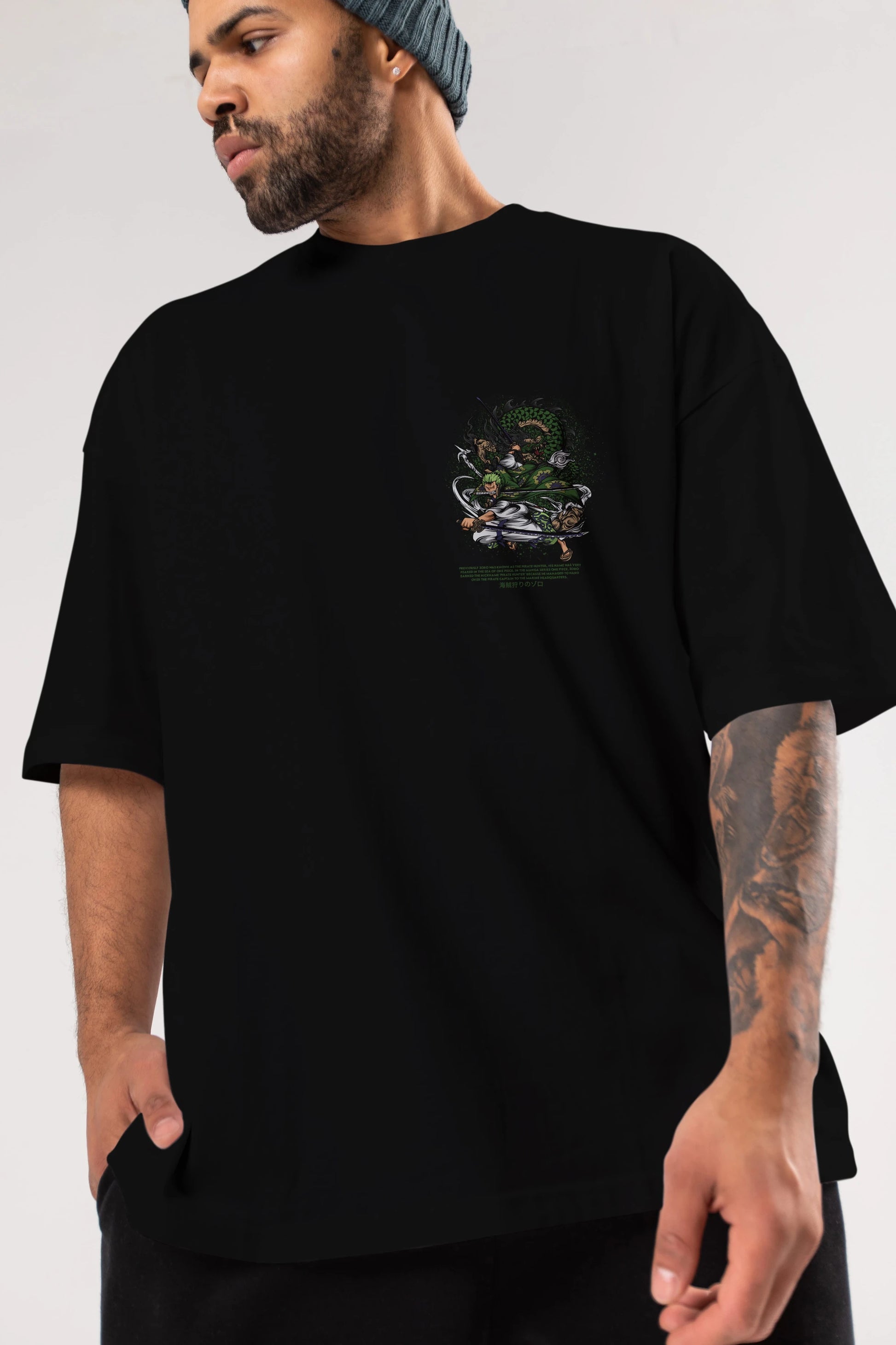Zoro-ONE PIECE Ön Sol Baskılı Oversize t-shirt Erkek Kadın Unisex %100 Pamuk Bisiklet Yaka tişort