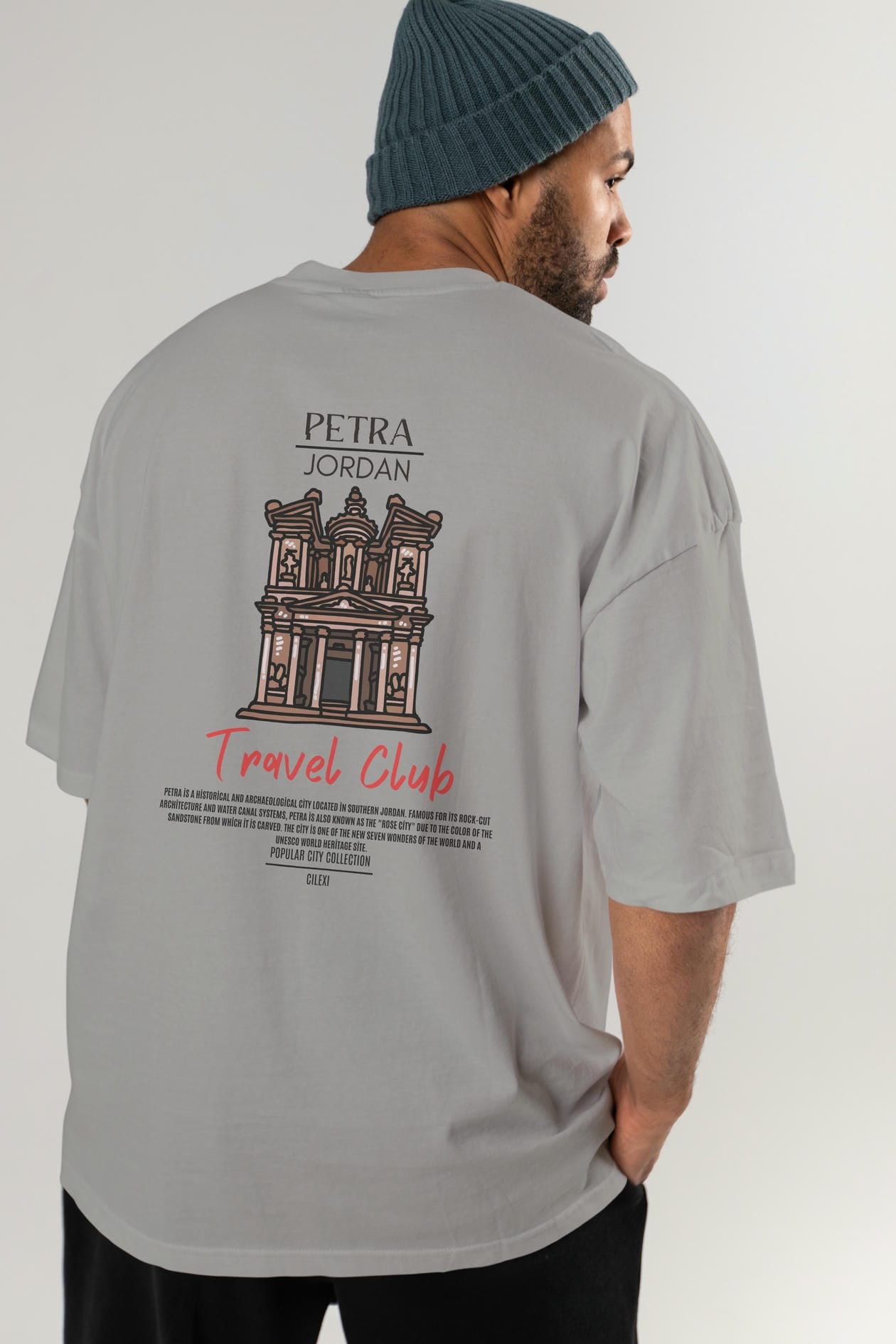 Petra Jordan Arka Baskılı Oversize t-shirt Erkek Kadın Pamuk Bisiklet Yaka tişort