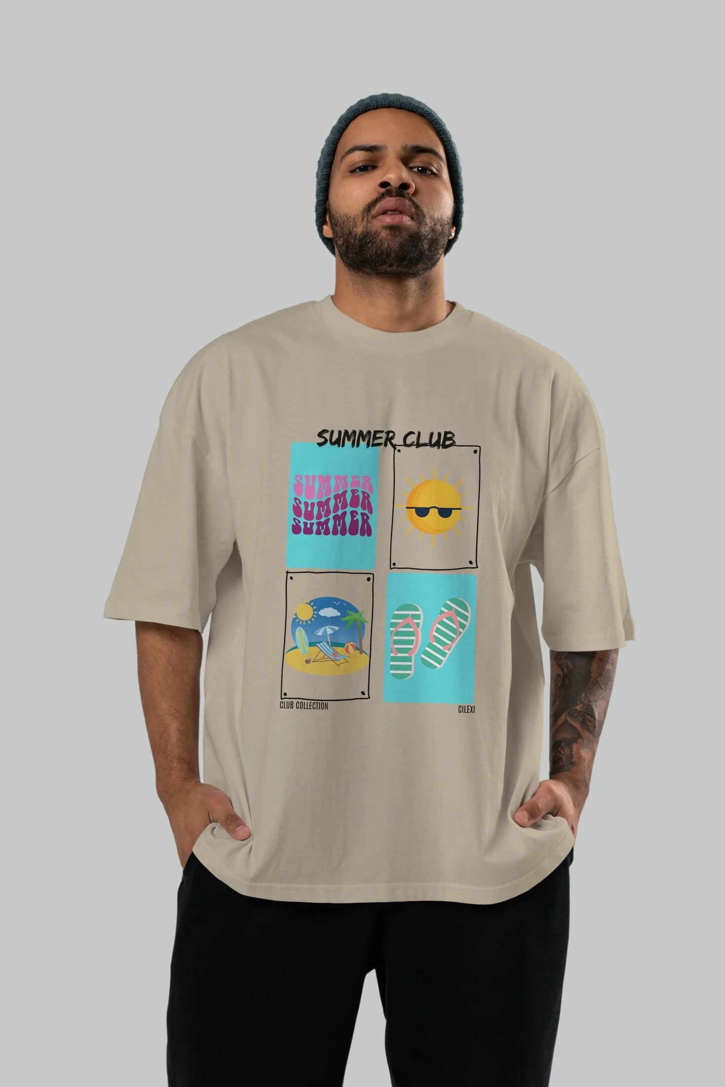 Summer Club ön Baskılı Oversize t-shirt Erkek Kadın %100 Pamuk Bisiklet Yaka tişort
