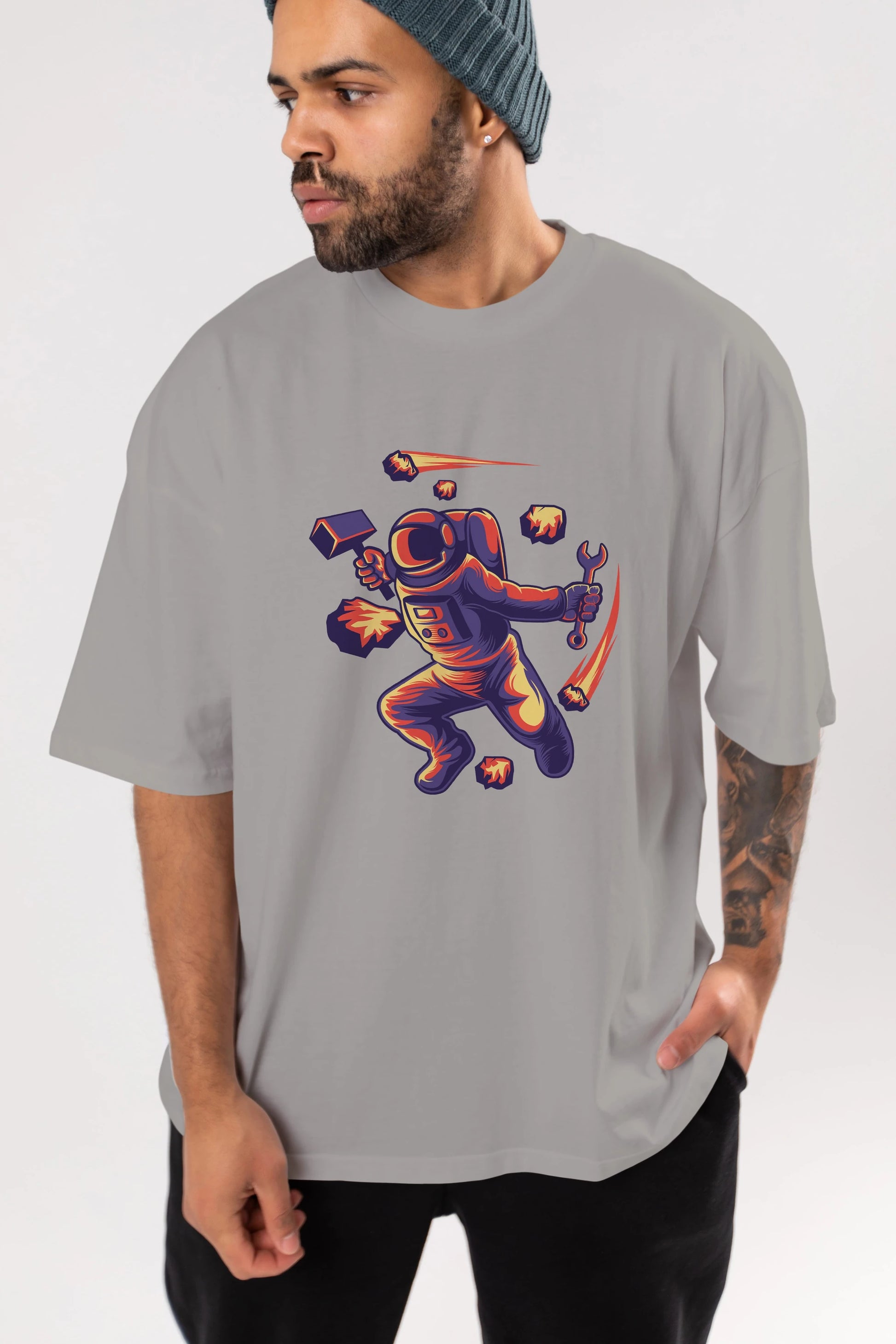 Astronaut Block Meteor Ön Baskılı Oversize t-shirt Erkek Kadın Unisex