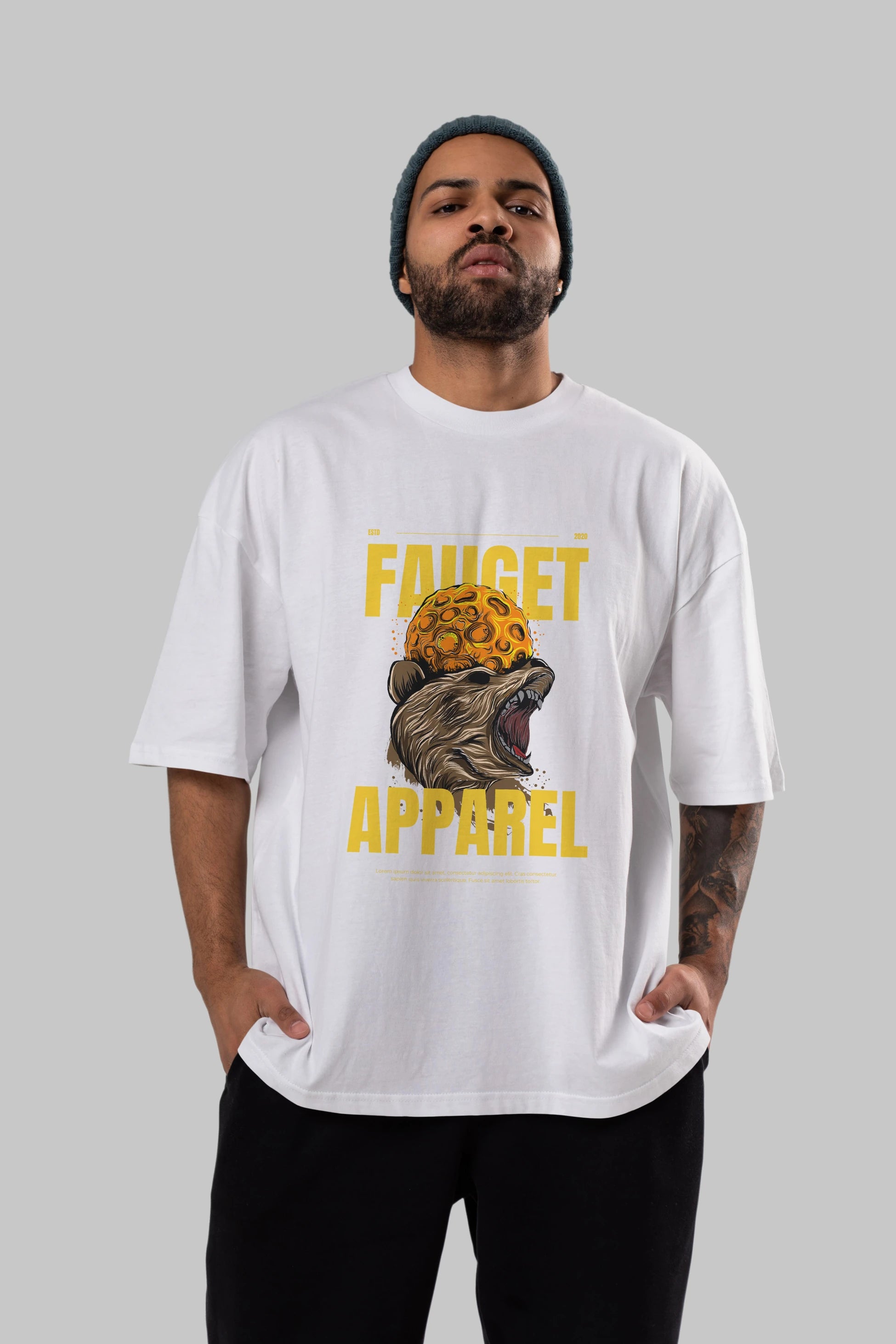 Bear Angry Fauget Apparel Ön Baskılı Oversize t-shirt Erkek Kadın Unisex