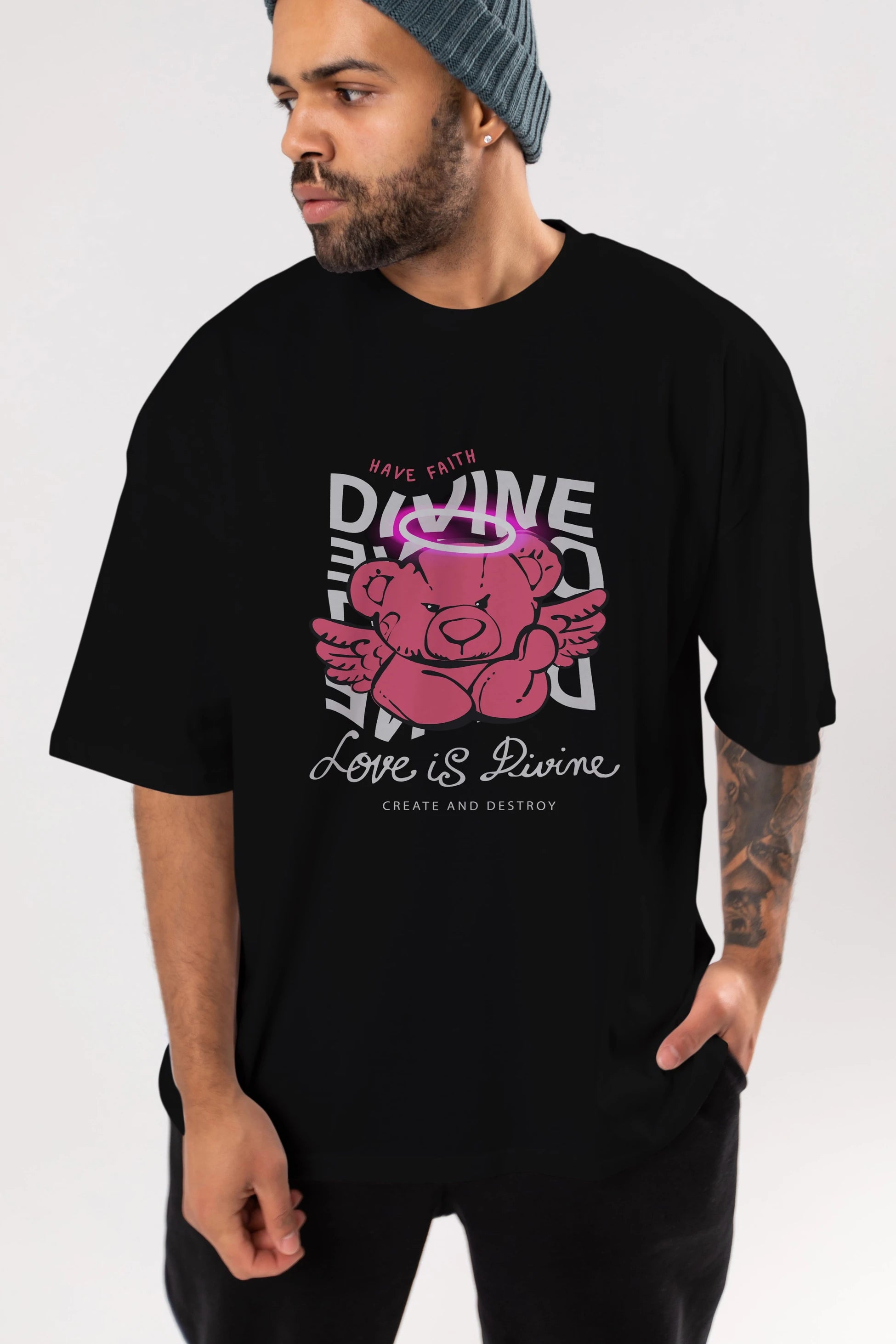 Love is Divine Bear Ön Baskılı Oversize t-shirt Erkek Kadın Unisex