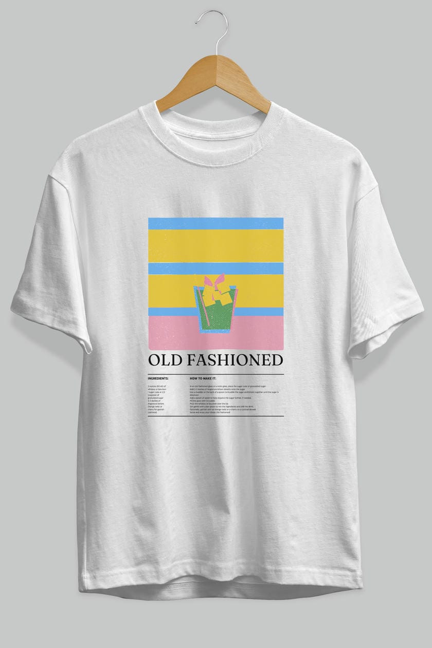 Old Fashioned Kokteyl Ön Baskılı Oversize t-shirt Erkek Kadın %100 Pamuk Bisiklet Yaka tişort