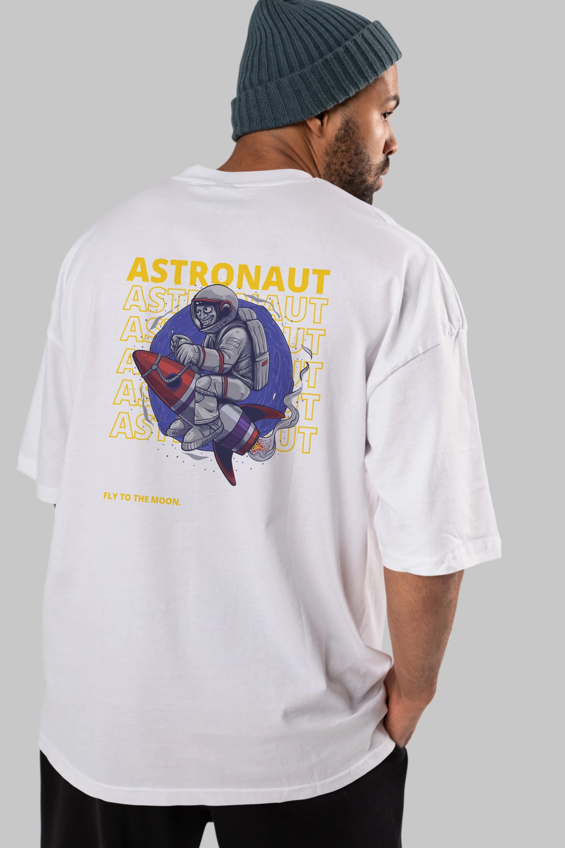 Astronaut Fly to the Moon Yazılı Arka Baskılı Oversize t-shirt Erkek Kadın Unisex