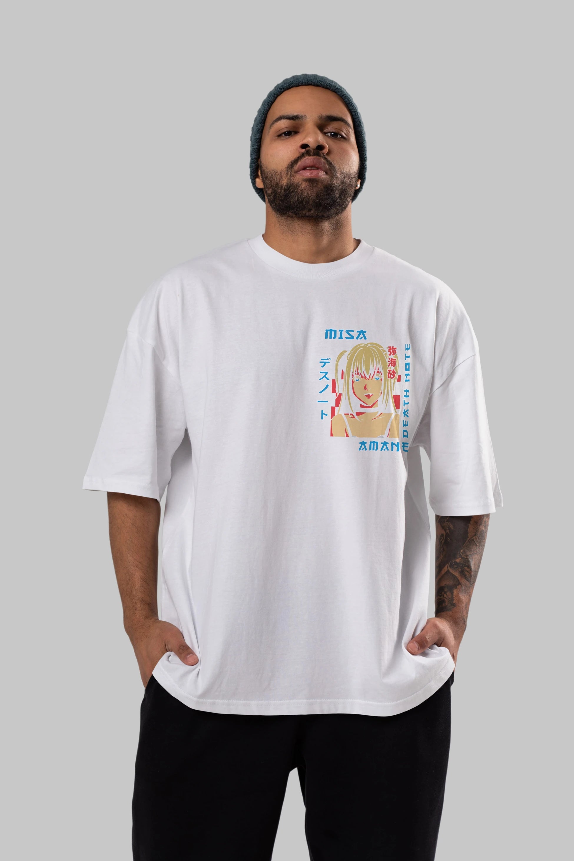 MISA-DEATH NOTE Ön Sol Baskılı Oversize t-shirt Erkek Kadın Unisex %100 Pamuk Bisiklet Yaka tişort