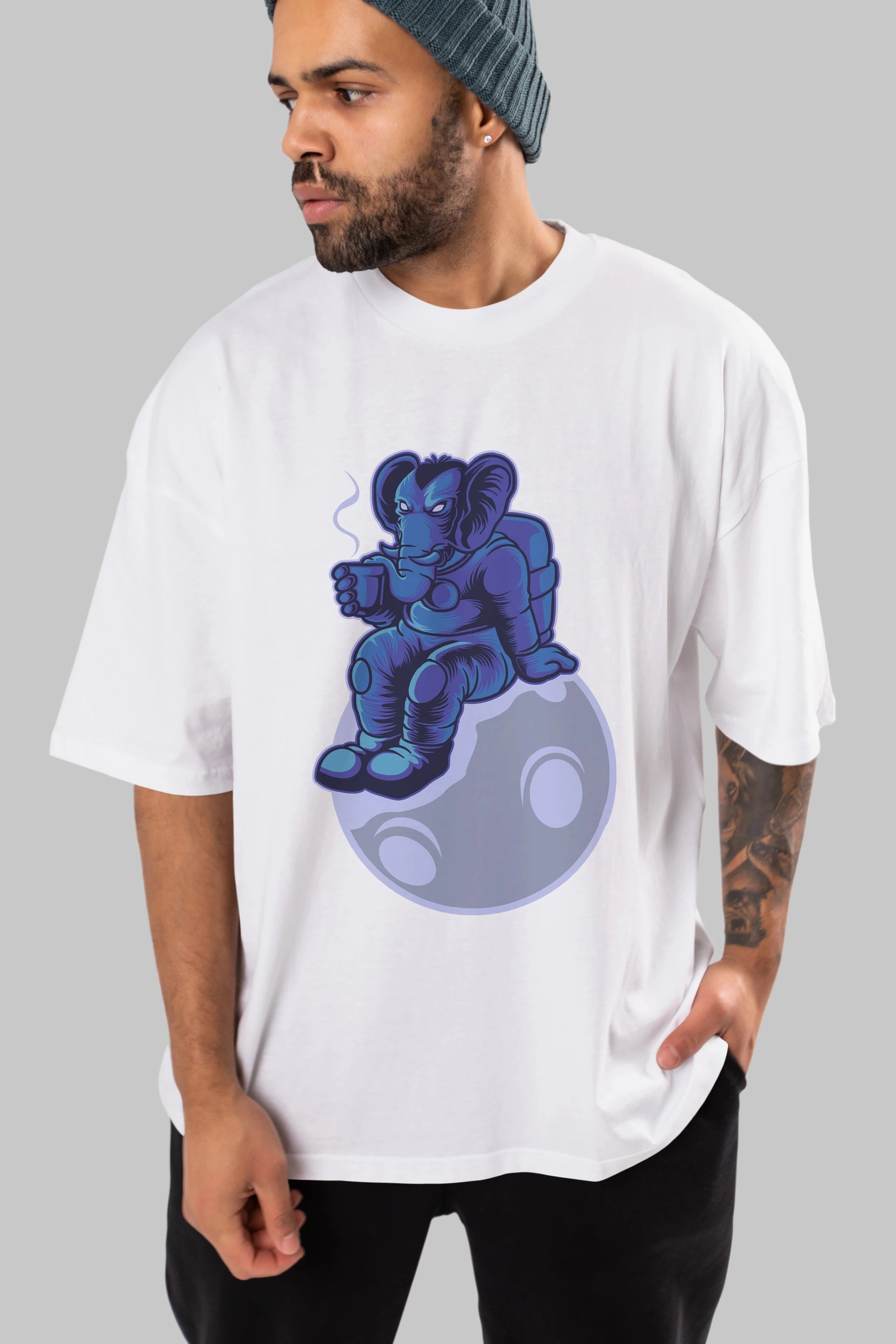 Space Elephant Drink Coffee Ön Baskılı Oversize t-shirt Erkek Kadın Unisex