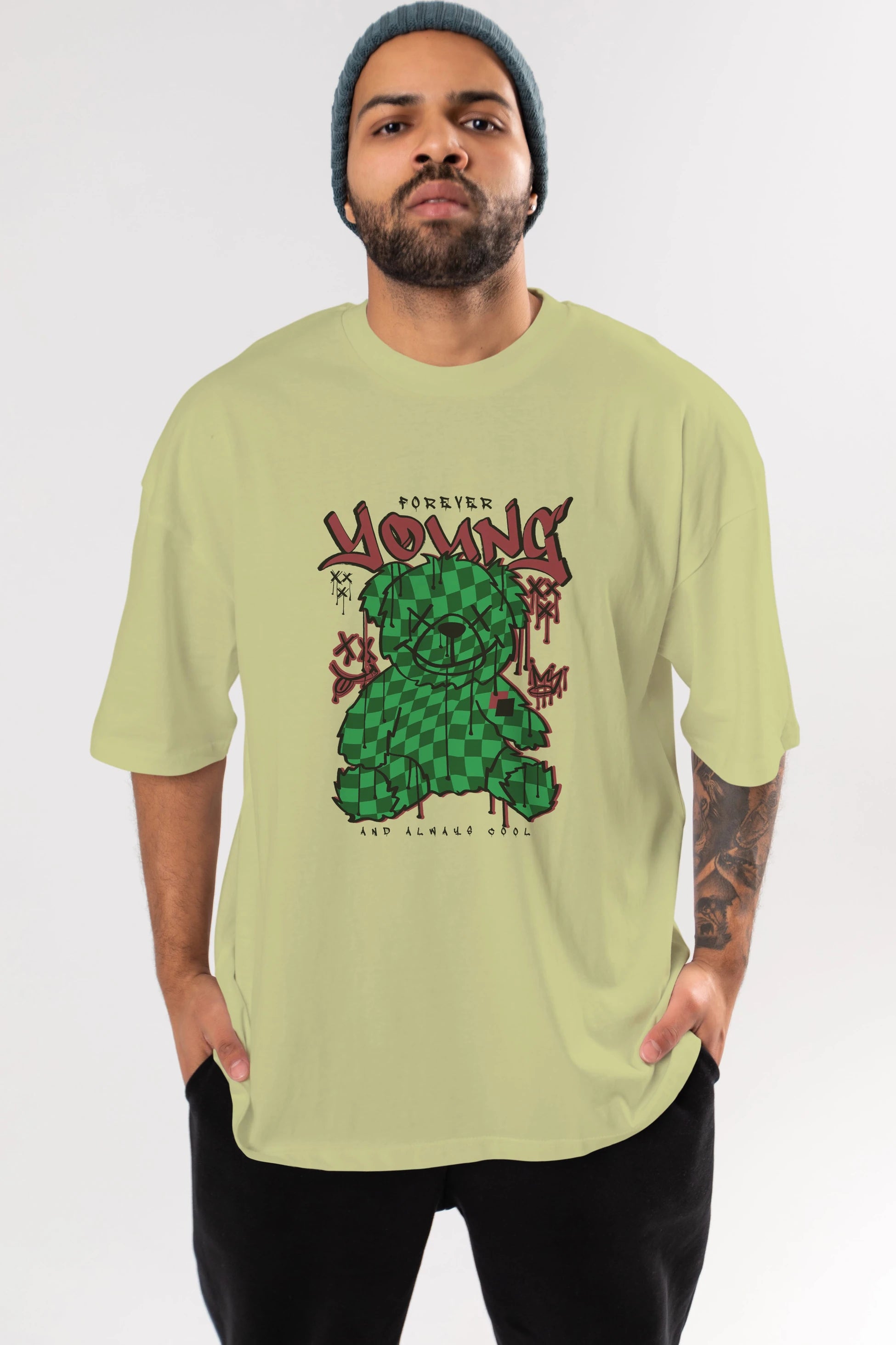 Young and Always Cool Bear Ön Baskılı Oversize t-shirt Erkek Kadın Unisex