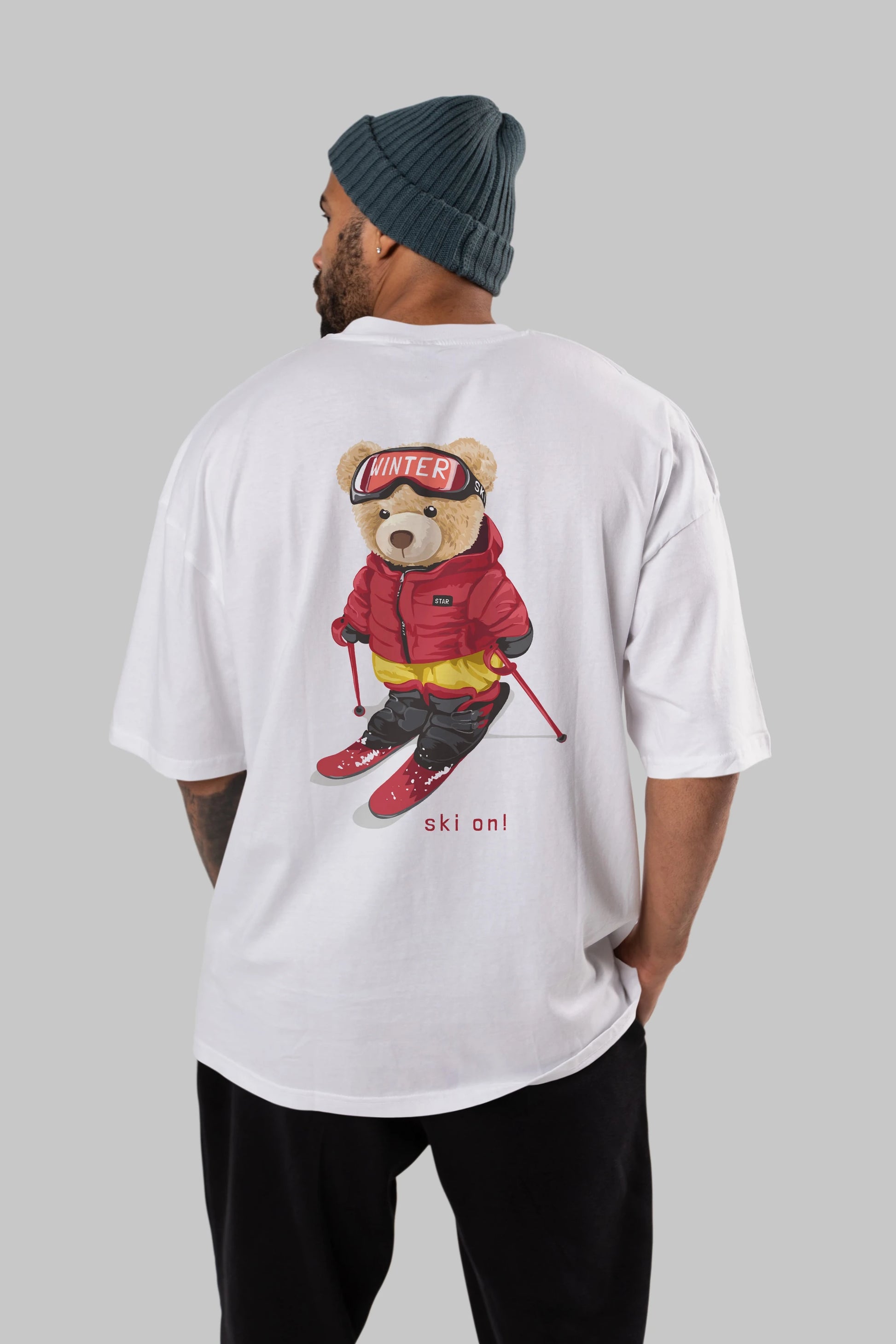 Teddy Bear Ski On Arka Baskılı Oversize t-shirt Erkek Kadın Unisex %100 Pamuk